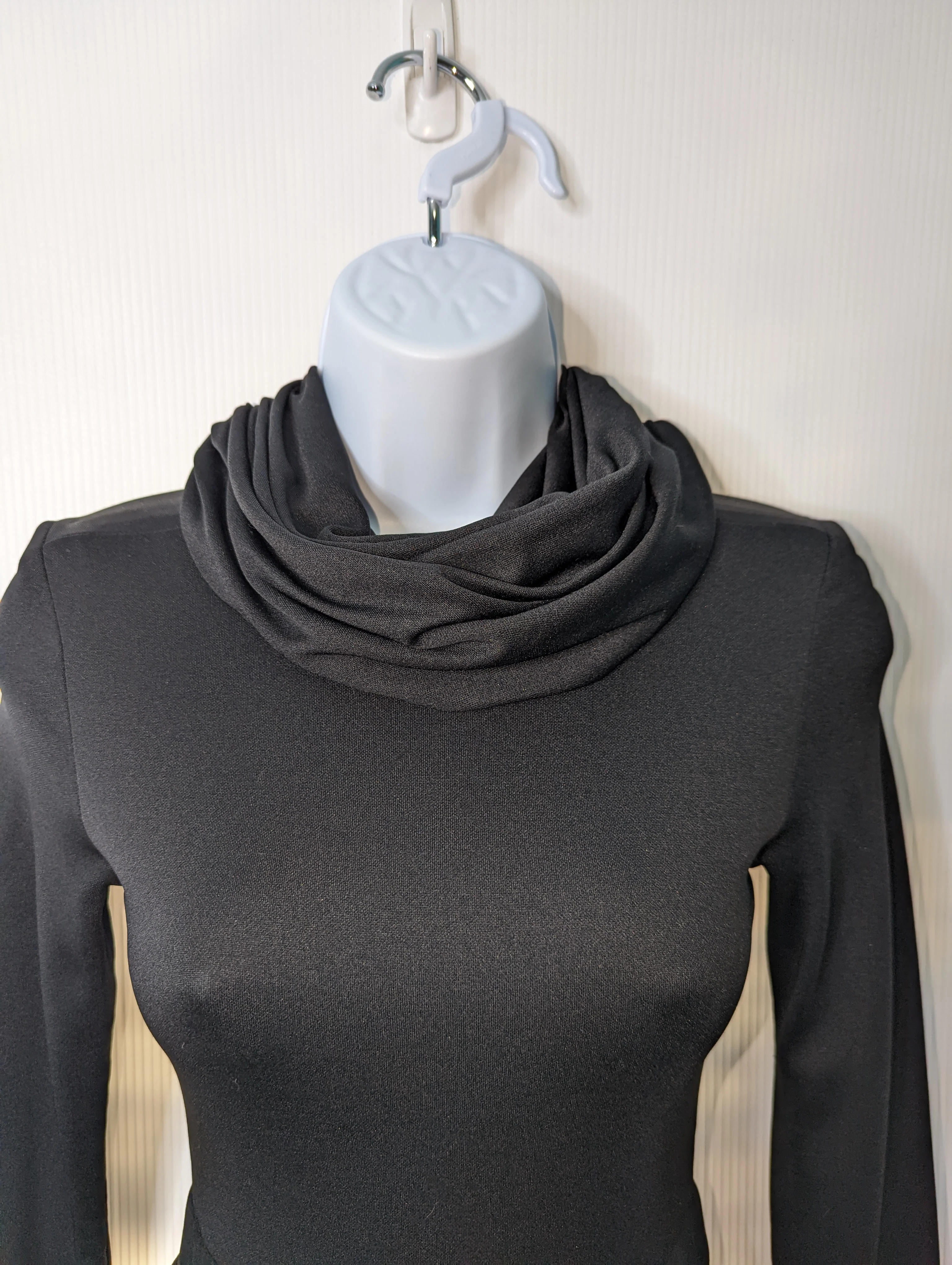 60s Black Midi Turtleneck Dress Ruched Neck Ruffle Hem By Haggins - Image 5