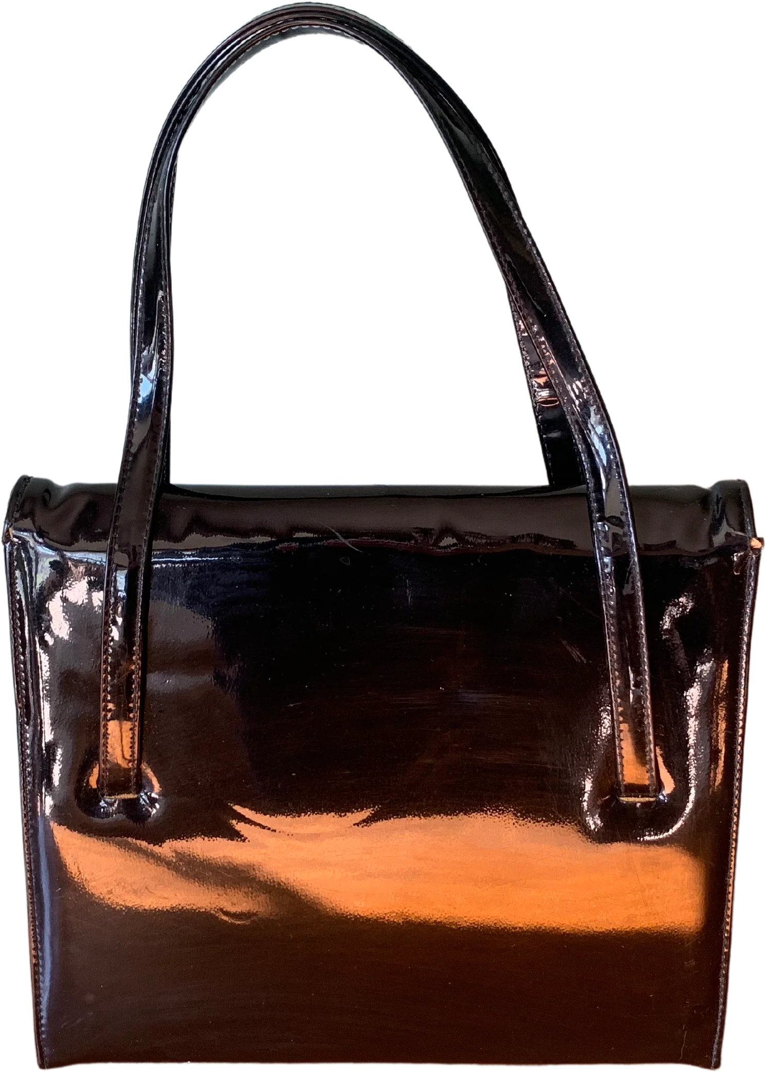 60s Black Patent Leather Top Handle Handbag - Image 2