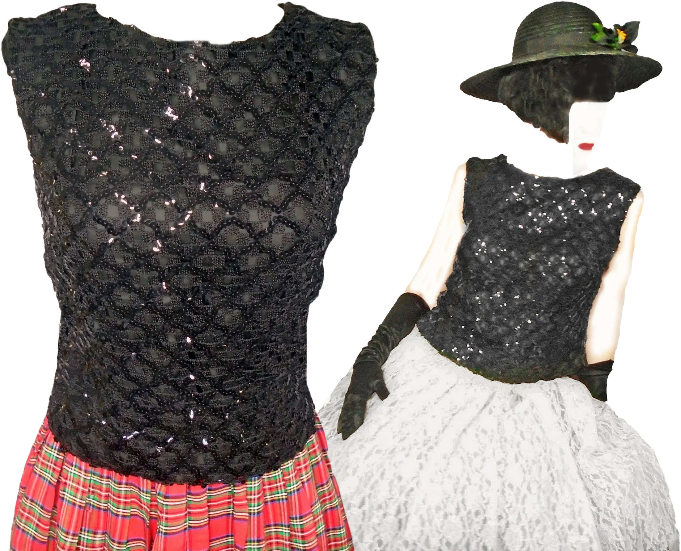 60s Black Sequin Shell Rayon Crochet Boatneck Top by Weber