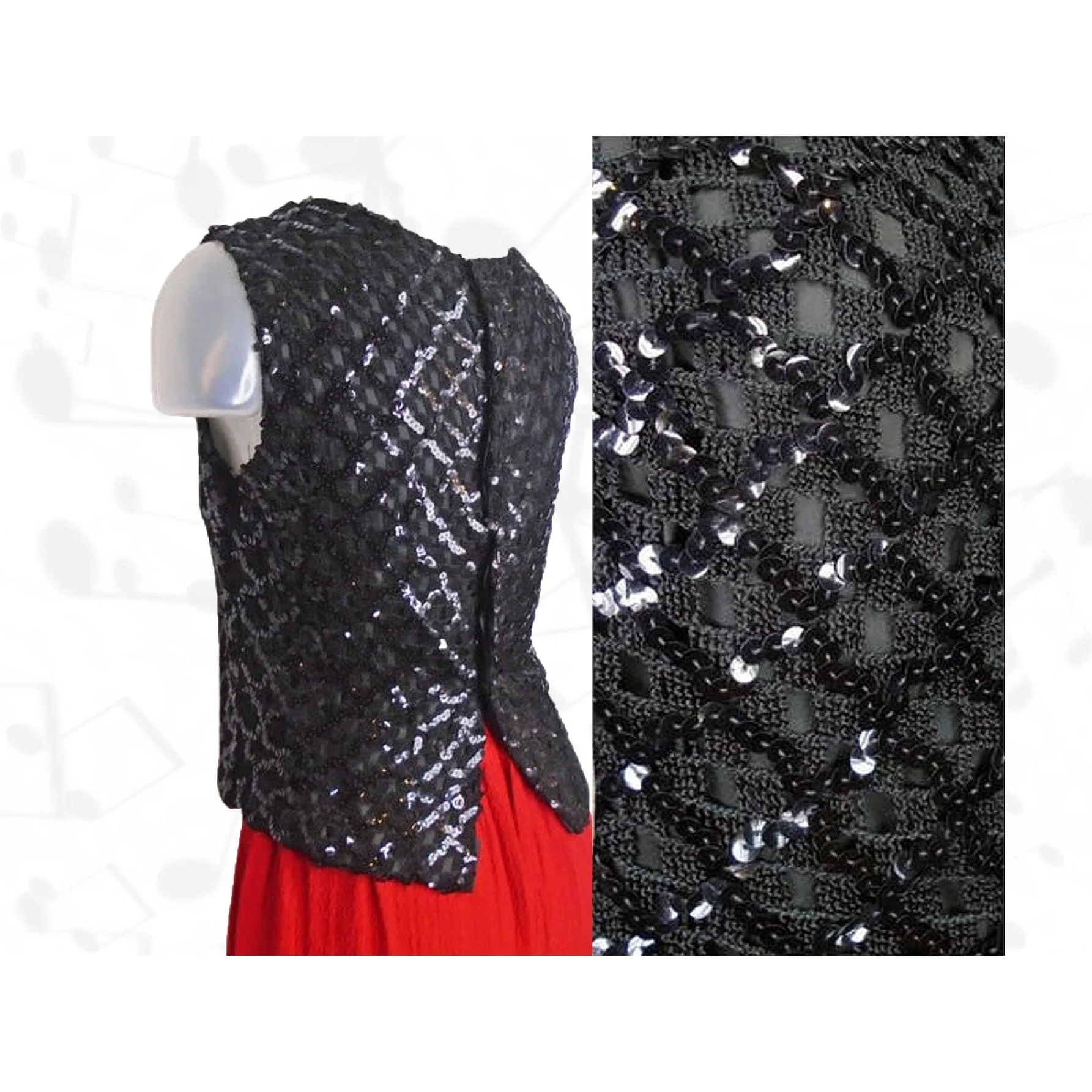 60s Black Sequin Shell Rayon Crochet Boatneck Top by Weber - Image 2