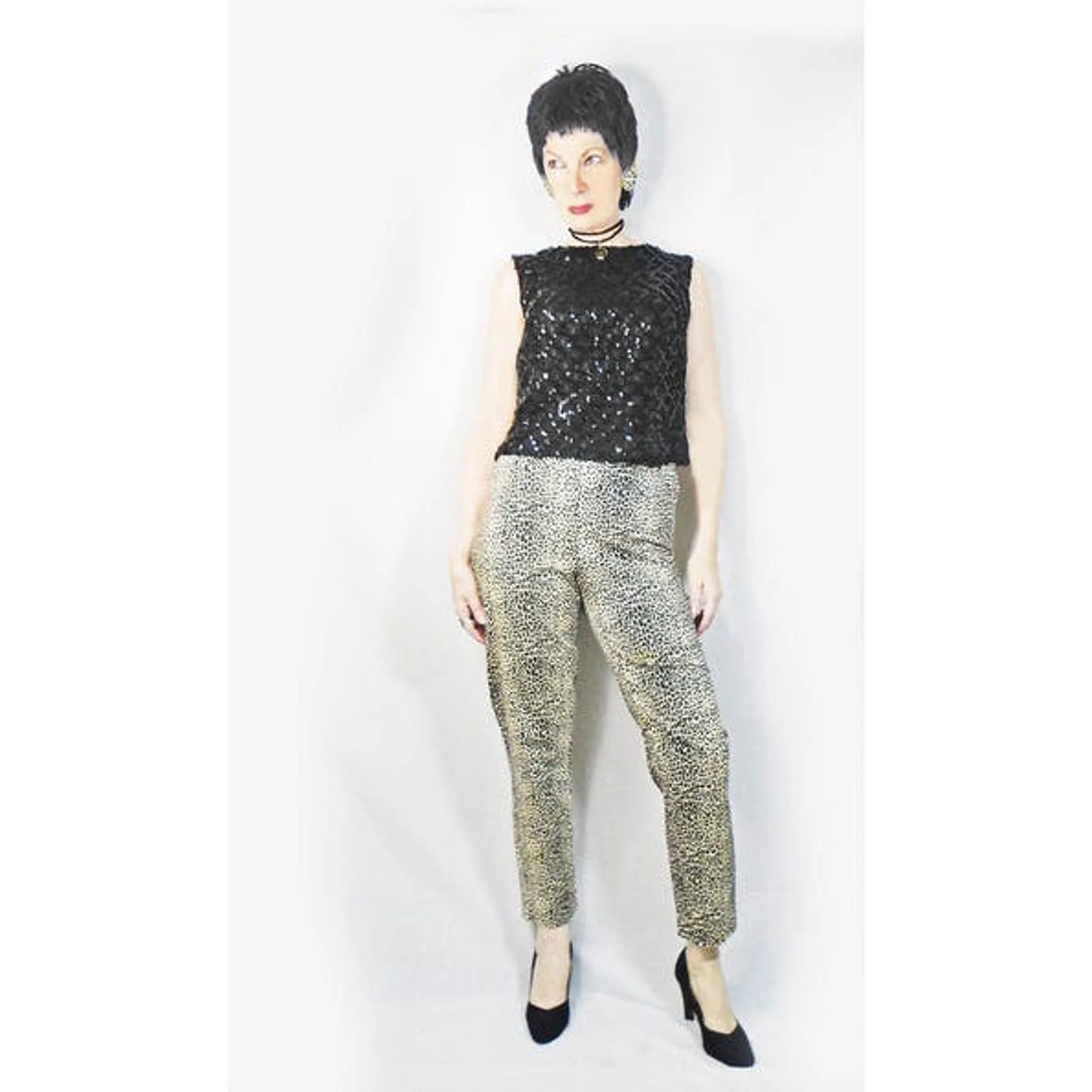 60s Black Sequin Shell Rayon Crochet Boatneck Top by Weber - Image 8