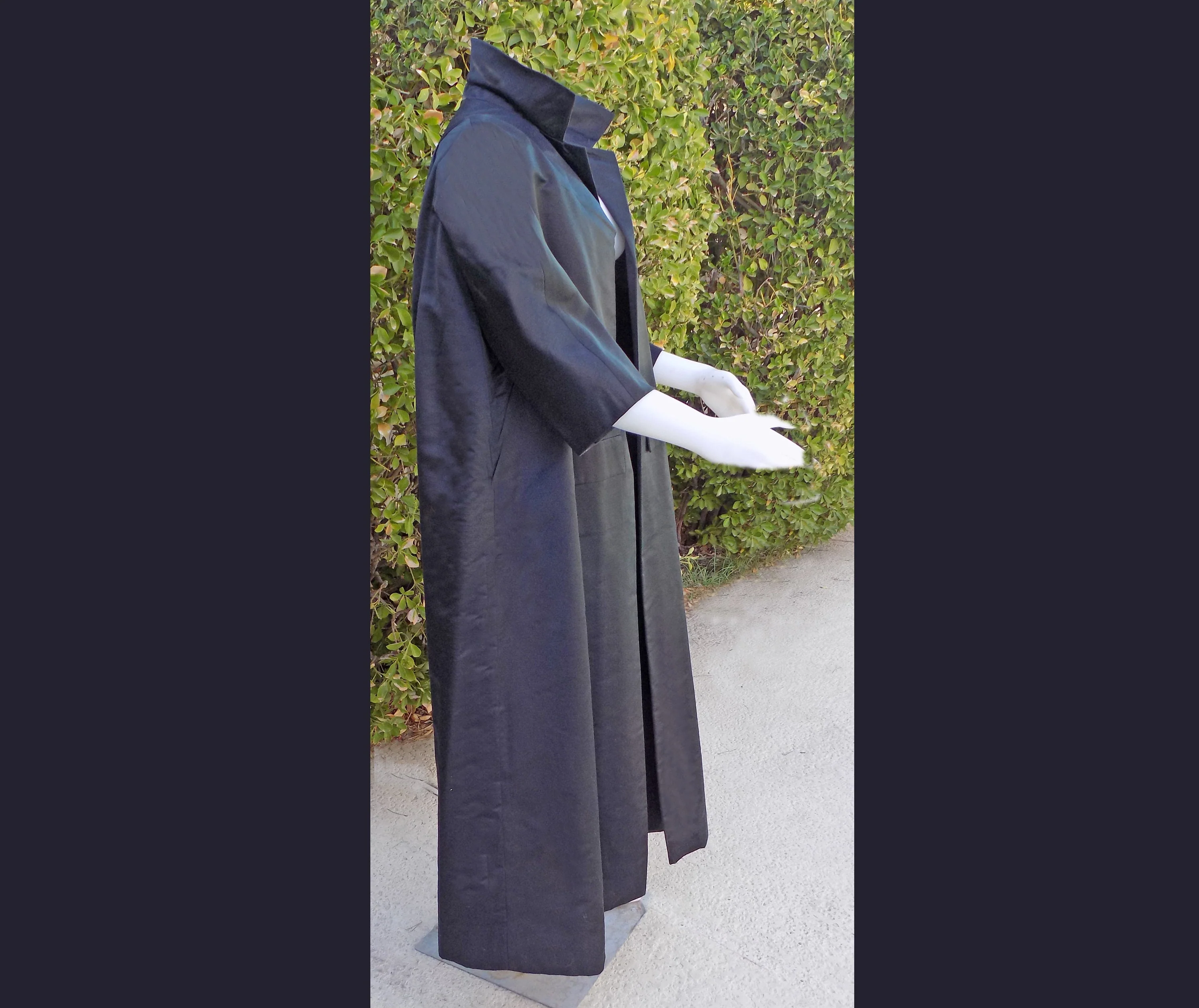 60s Black Silk Opera Coat Saks Fifth Avenue Formal Wedding Winter Lining Three Quarter Sleeves Pockets Mod - Image 4