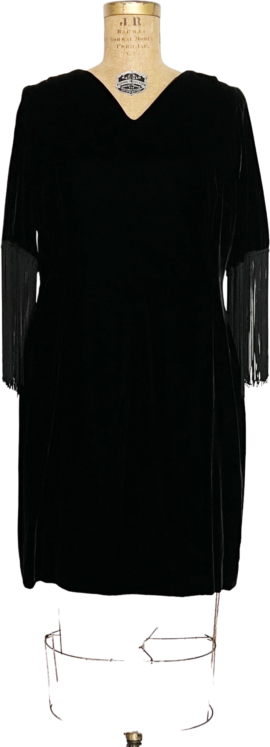 60s Black Silk Velvet Fringe Sleeve Dress