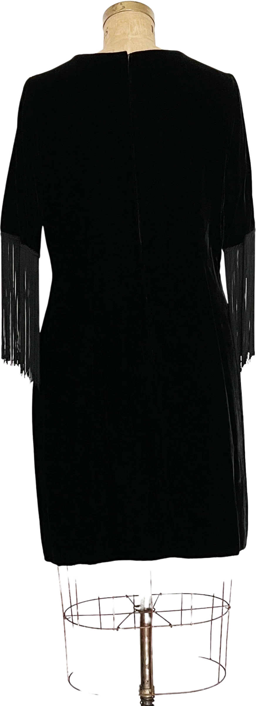 60s Black Silk Velvet Fringe Sleeve Dress - Image 2