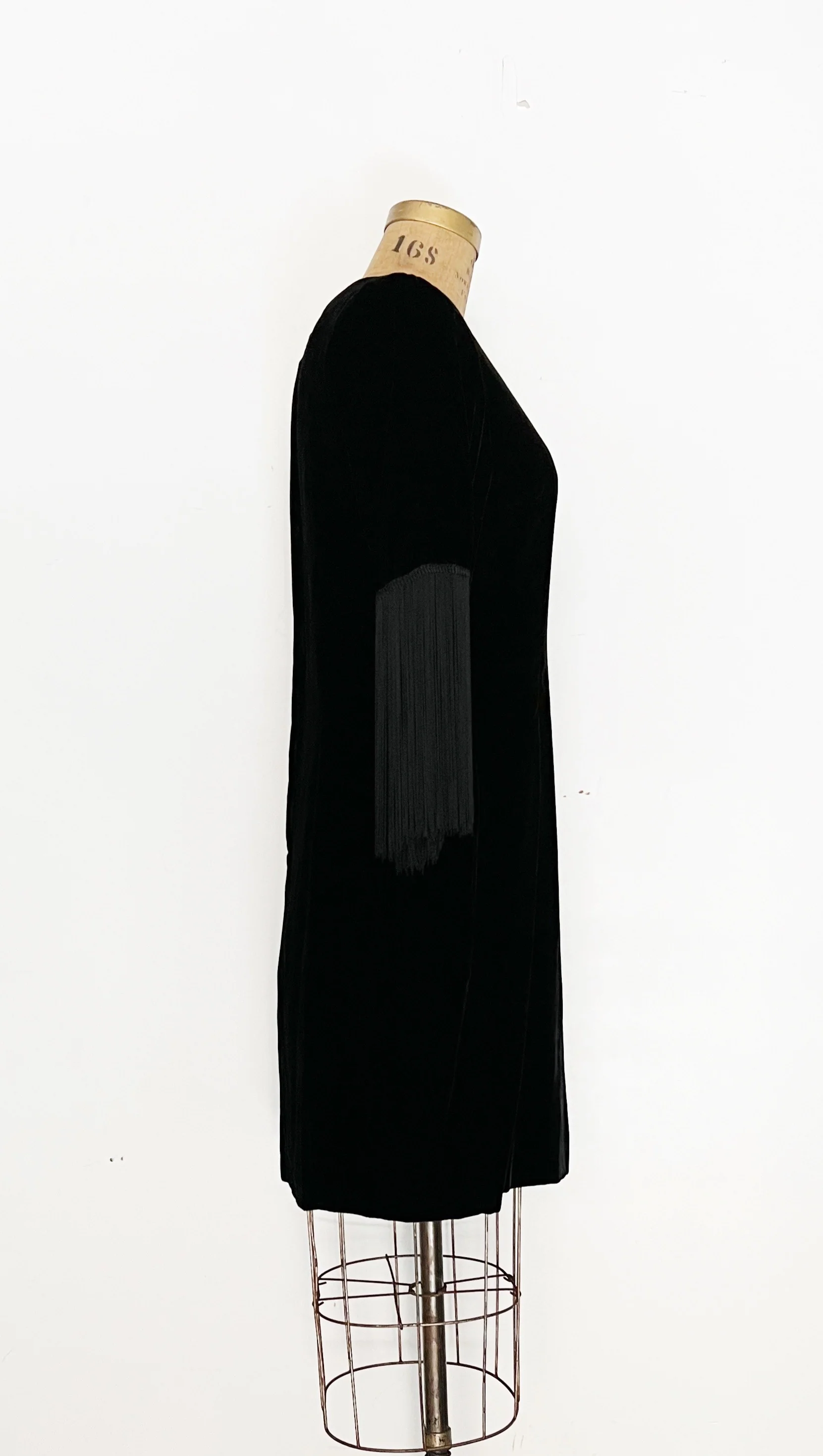 60s Black Silk Velvet Fringe Sleeve Dress - Image 4