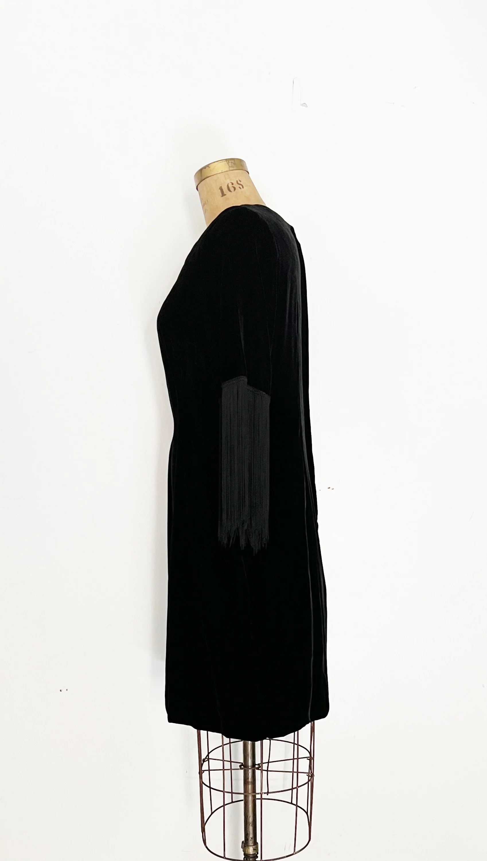 60s Black Silk Velvet Fringe Sleeve Dress - Image 5
