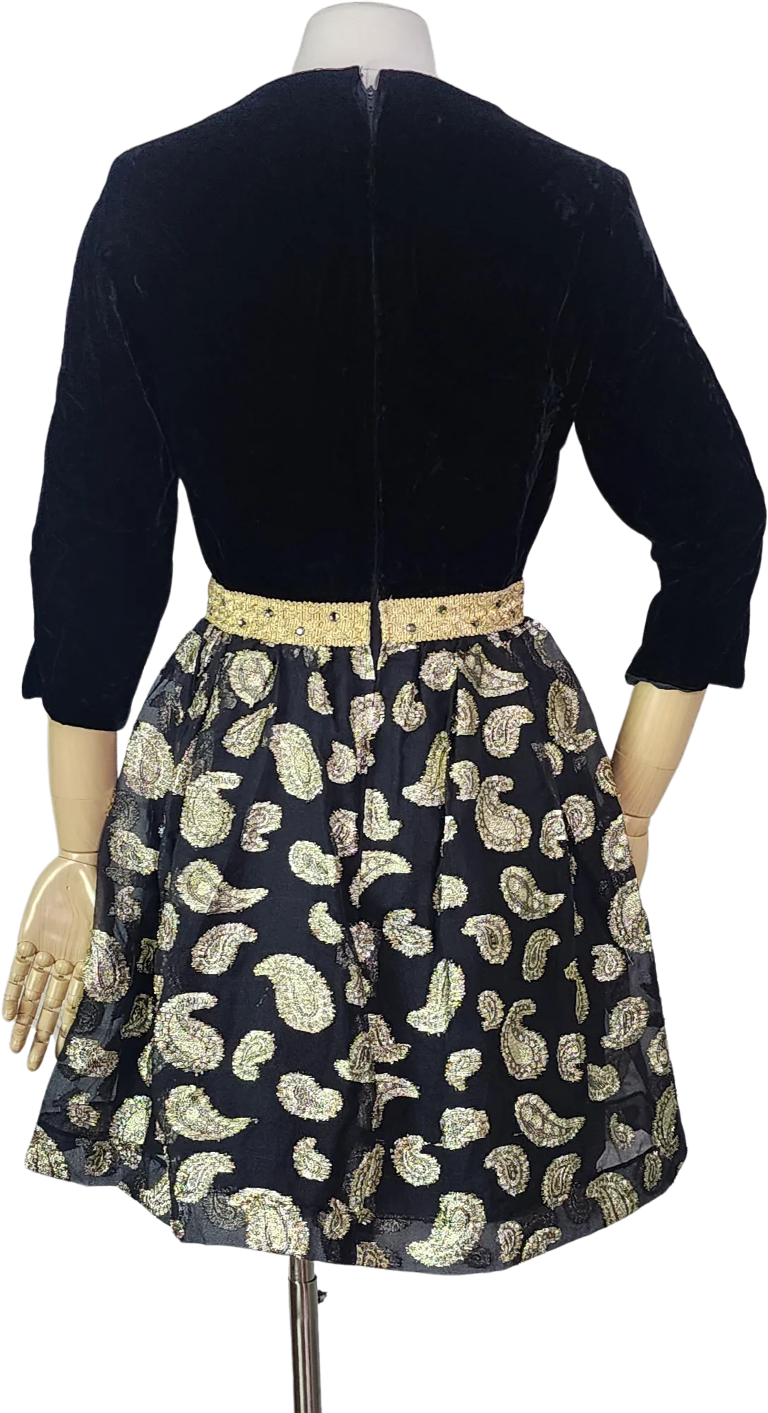 60s Black Velvet Babydoll Dress Gold Lurex Paisley - Image 2