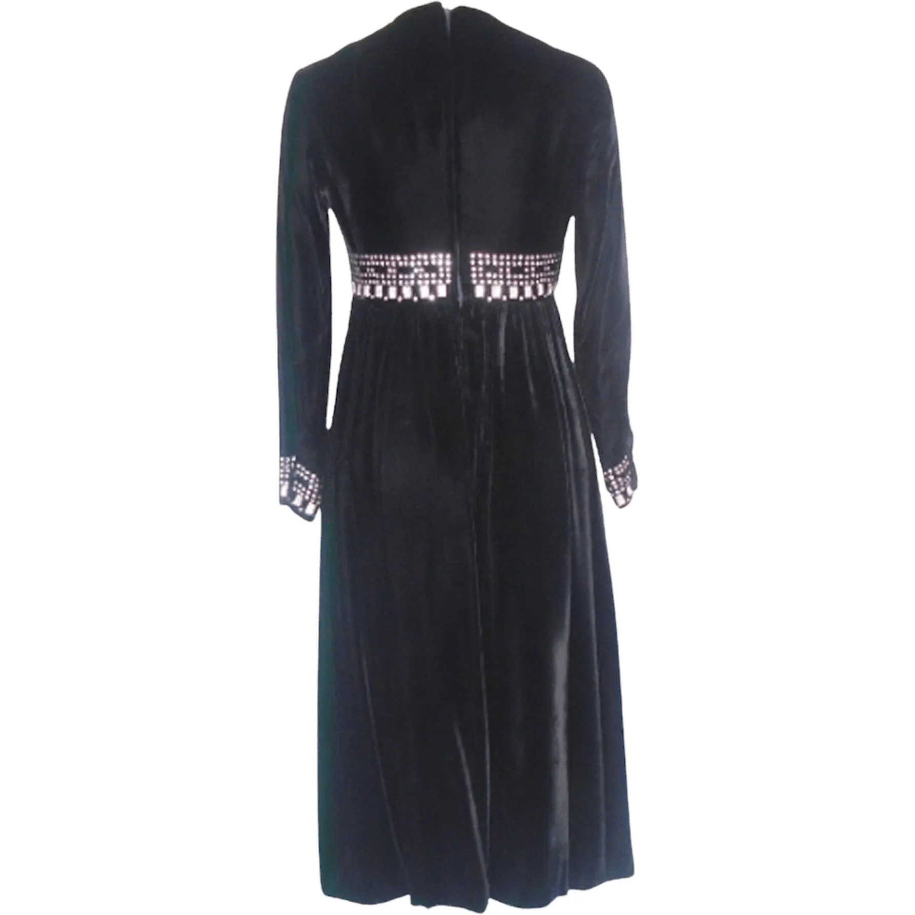 60s Black Velvet Empire Waist Dress With Rhinestones - Image 10
