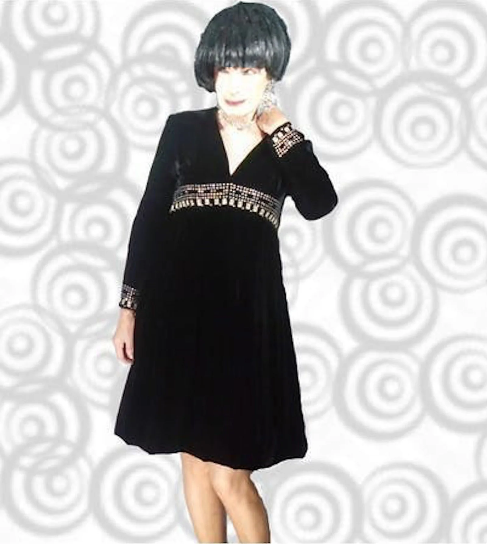 60s Black Velvet Empire Waist Dress With Rhinestones - Image 3