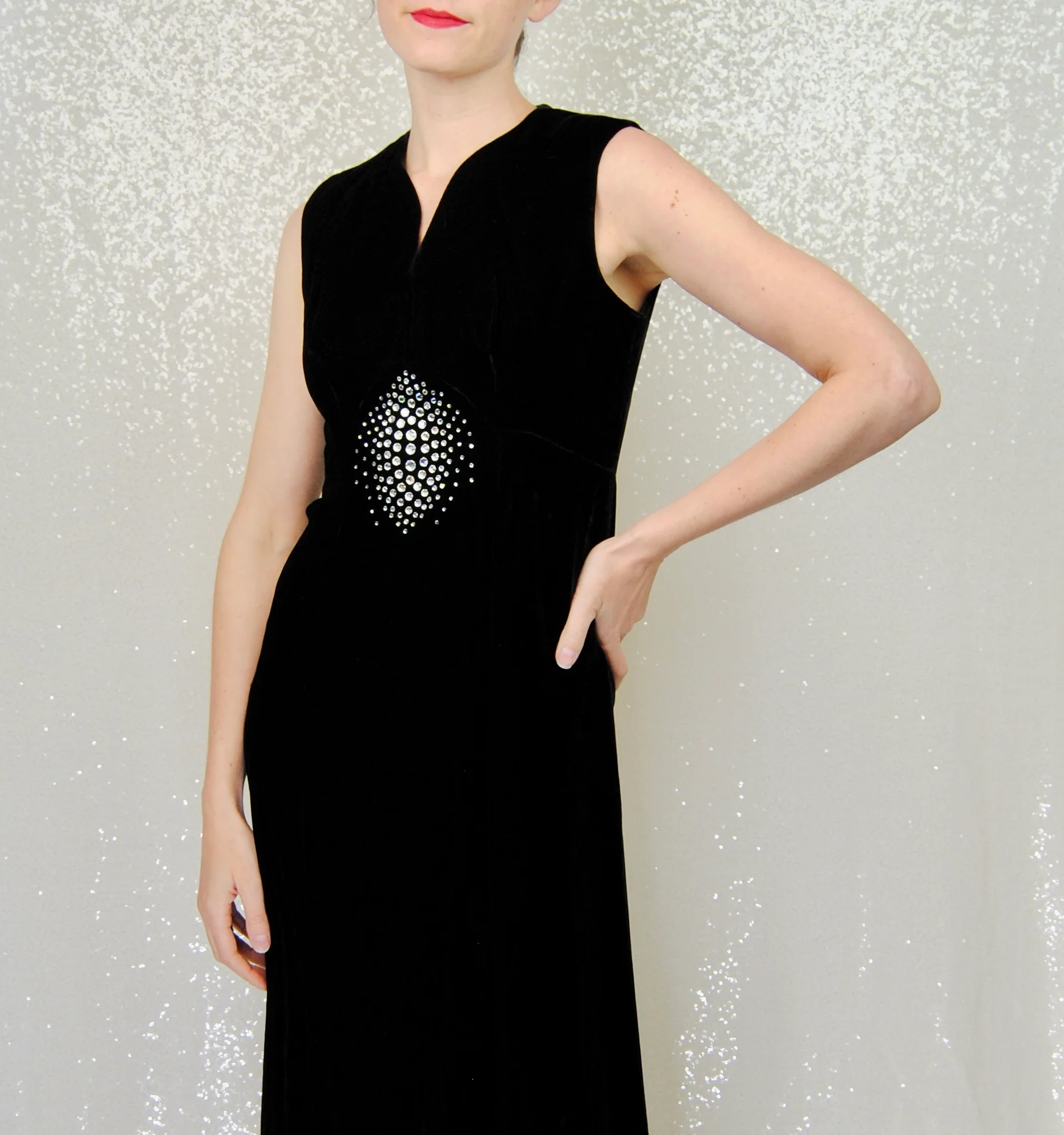 60s Black Velvet Gown With Rhinestone Detailing - Image 4