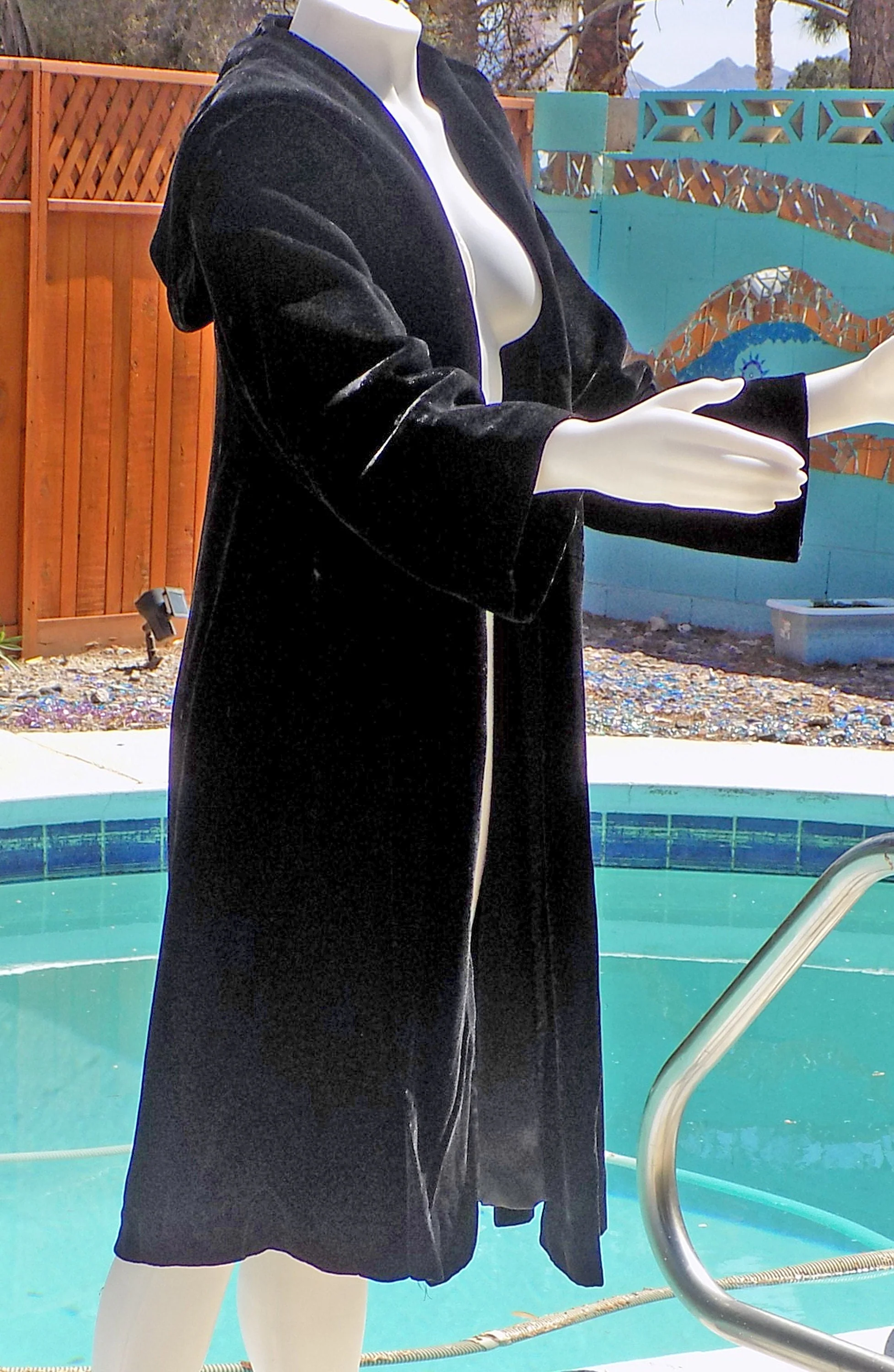 60s Black Velvet Opera Coat with Hood and Pockets Fully Lined In Black Satin No Closures Other Than An Interior Loop - Image 3