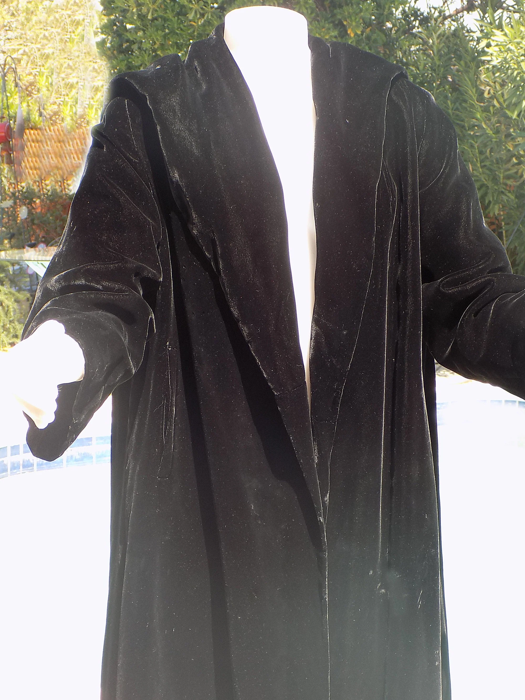 60s Black Velvet Opera Coat with Hood and Pockets Fully Lined In Black Satin No Closures Other Than An Interior Loop - Image 4