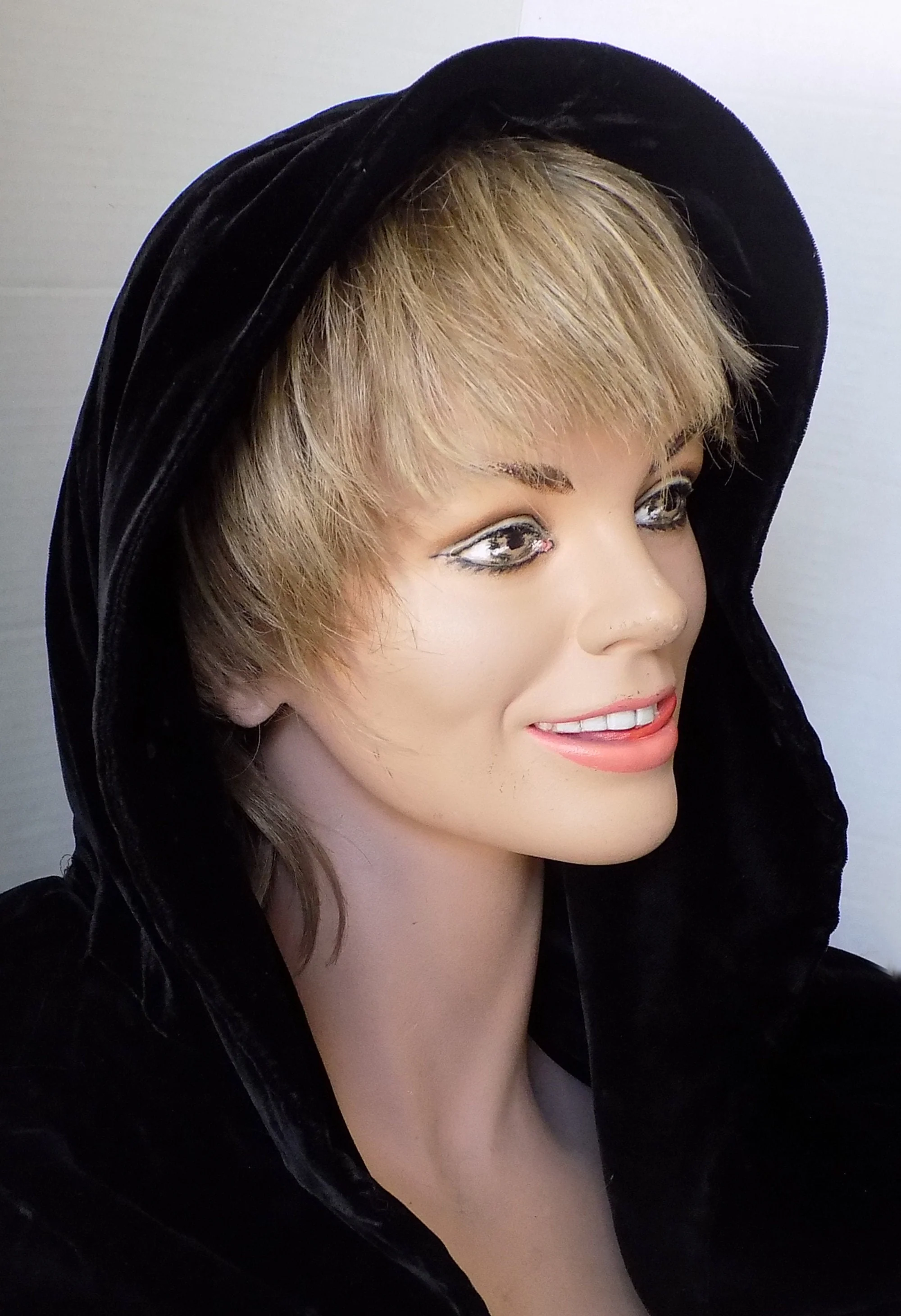 60s Black Velvet Opera Coat with Hood and Pockets Fully Lined In Black Satin No Closures Other Than An Interior Loop - Image 8