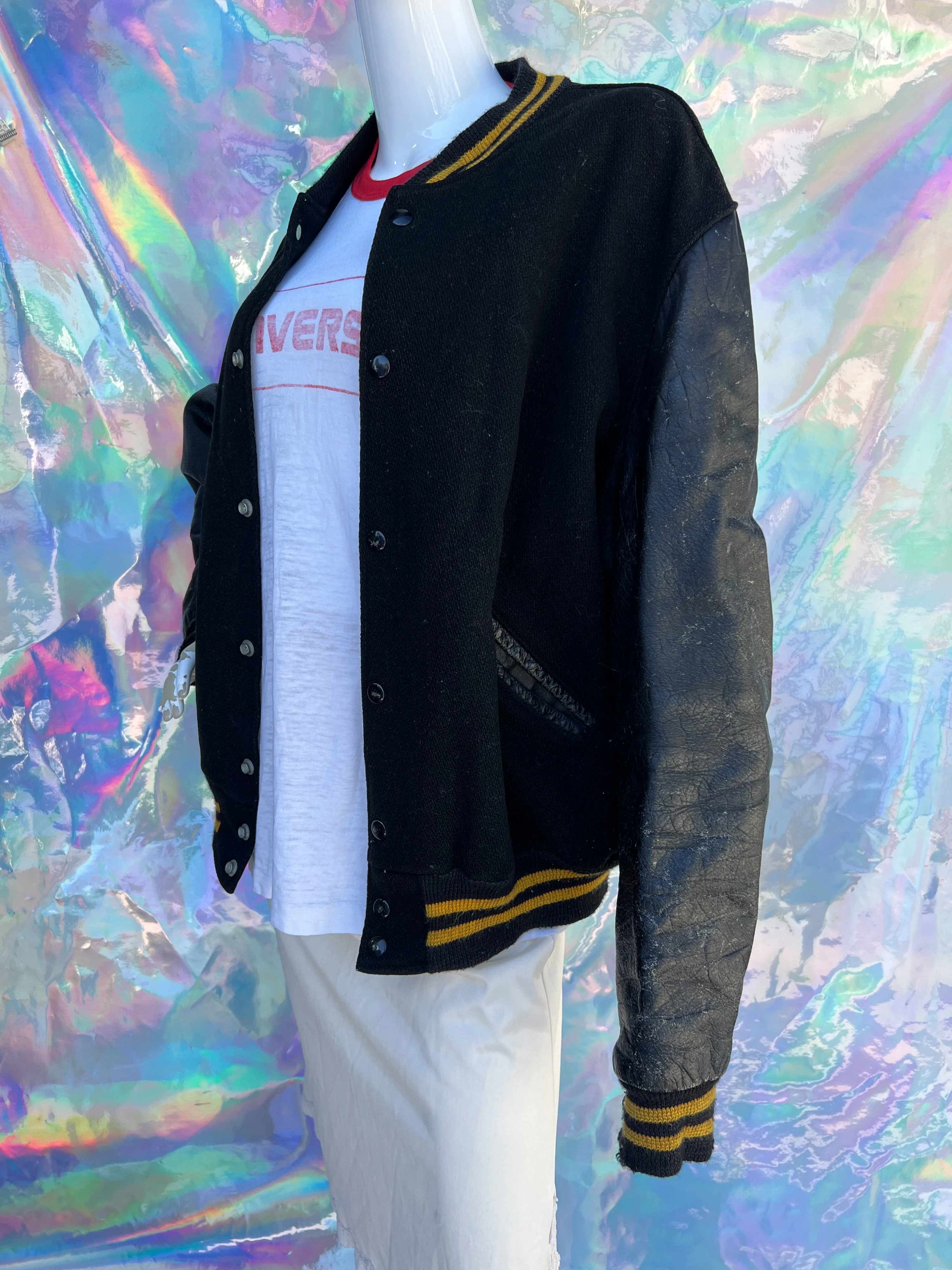 60s Black with Gold Striping Varsity Jacket - Image 3