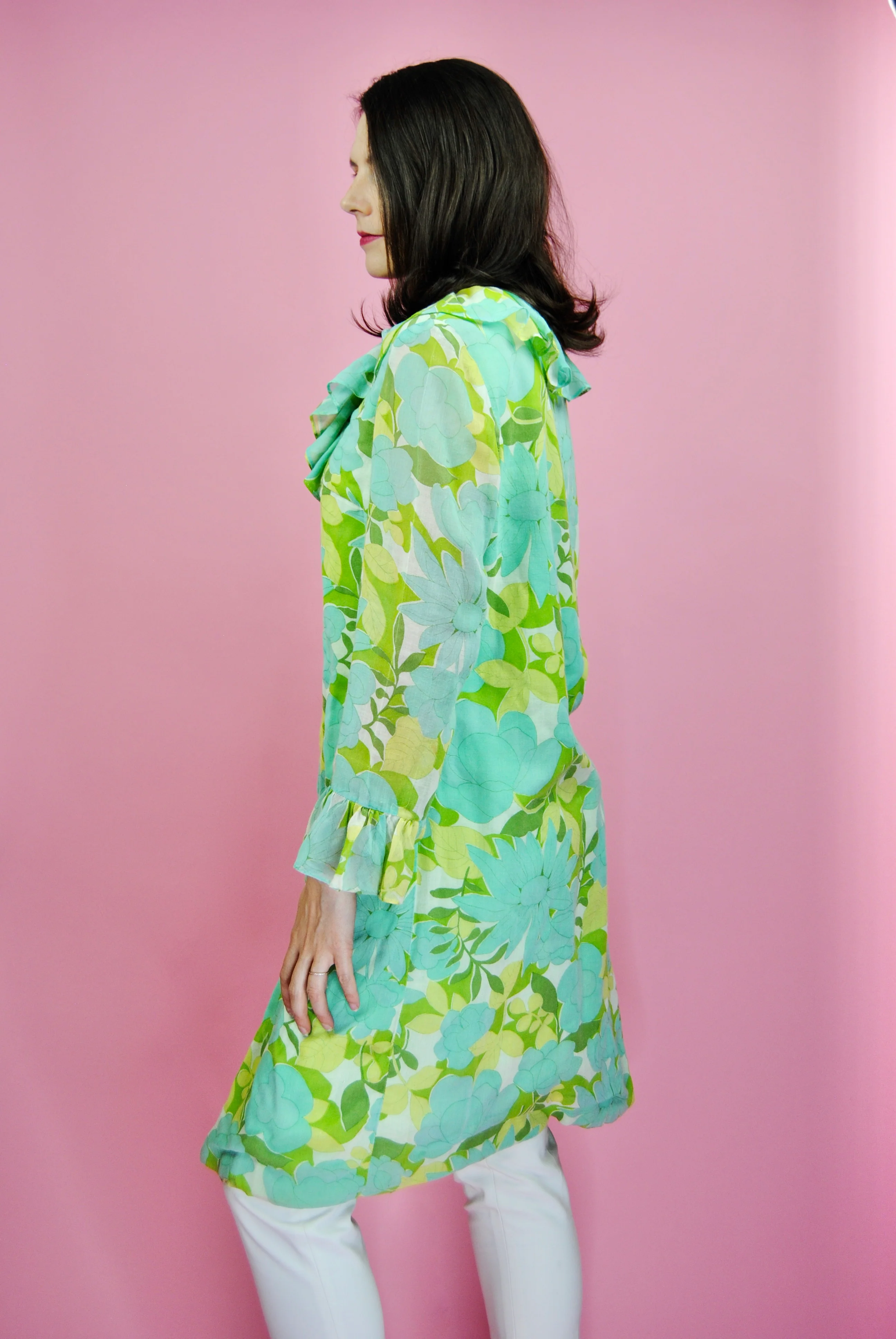 60s Blue And Green Funky Floral House Dress Or Top - Image 3