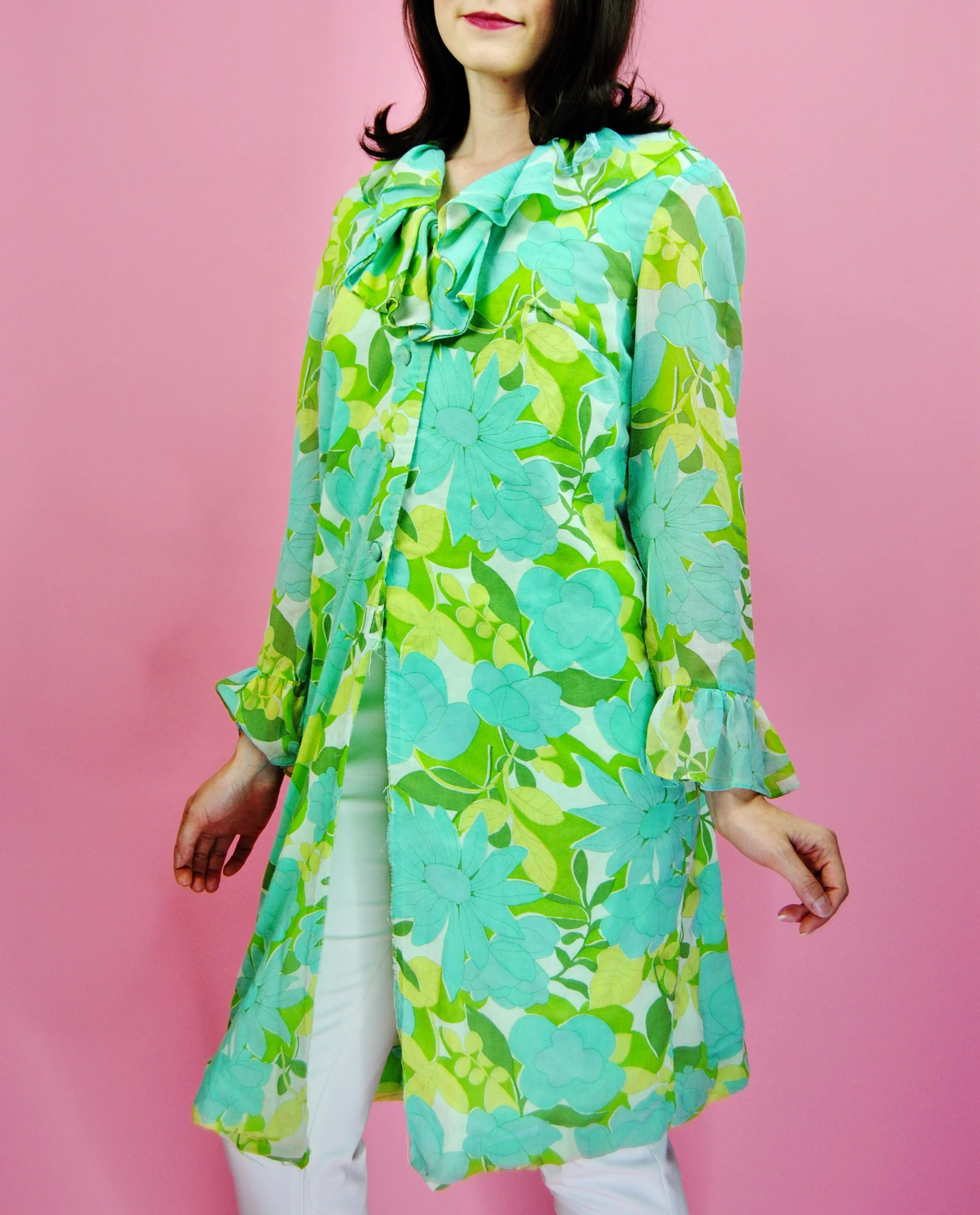 60s Blue And Green Funky Floral House Dress Or Top - Image 5