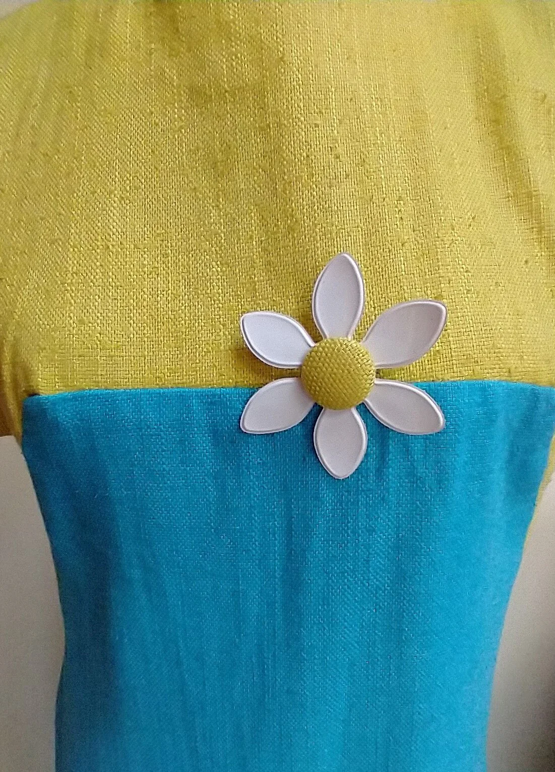 60s Blue and Yellow Women's Small Couture Sheath Dress Pencil Cotton Weave Short Sleeve Mod - Image 4