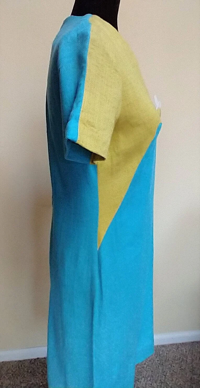 60s Blue and Yellow Women's Small Couture Sheath Dress Pencil Cotton Weave Short Sleeve Mod - Image 5