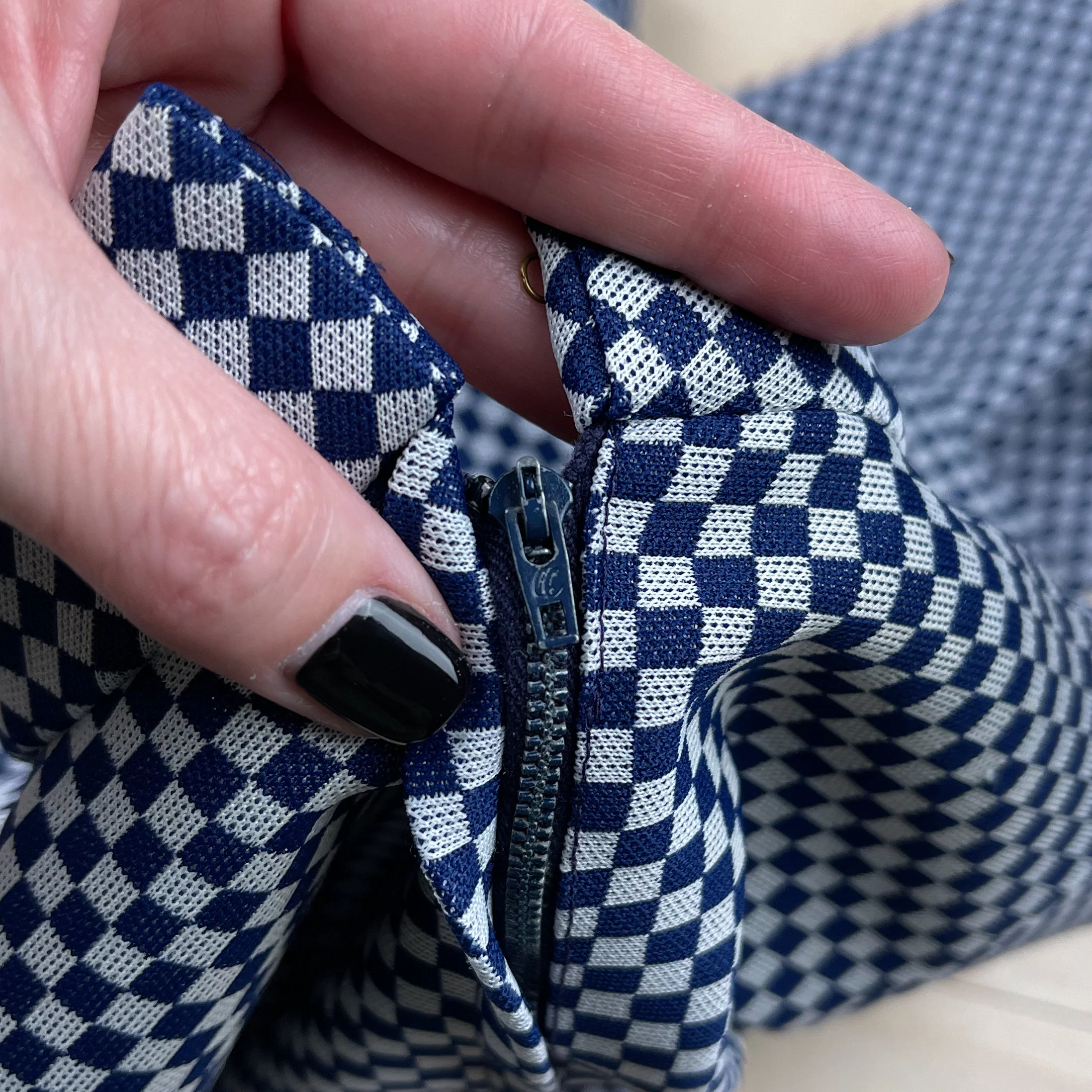 60s Blue Checkered Long Sleeve Mock Neck Mini Dress - Image 6