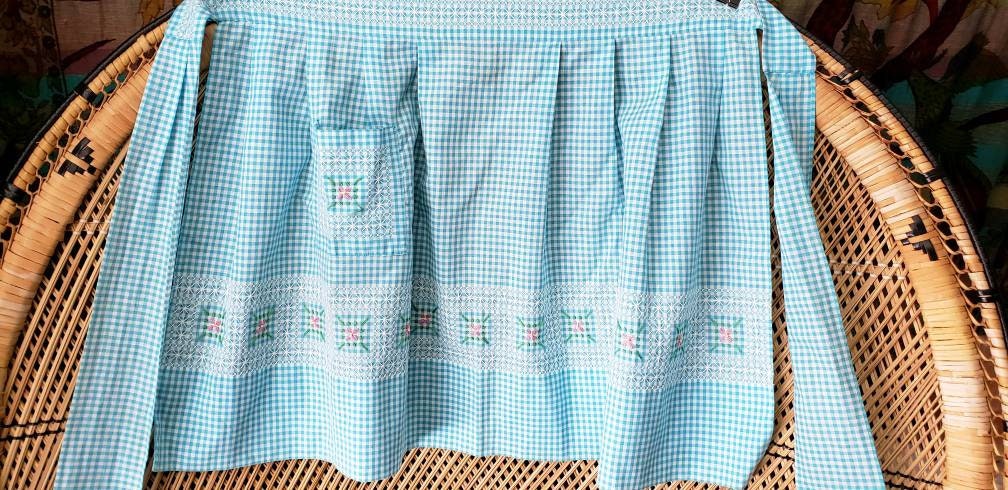 60s Blue Gingham Apron Vintage - Image 5