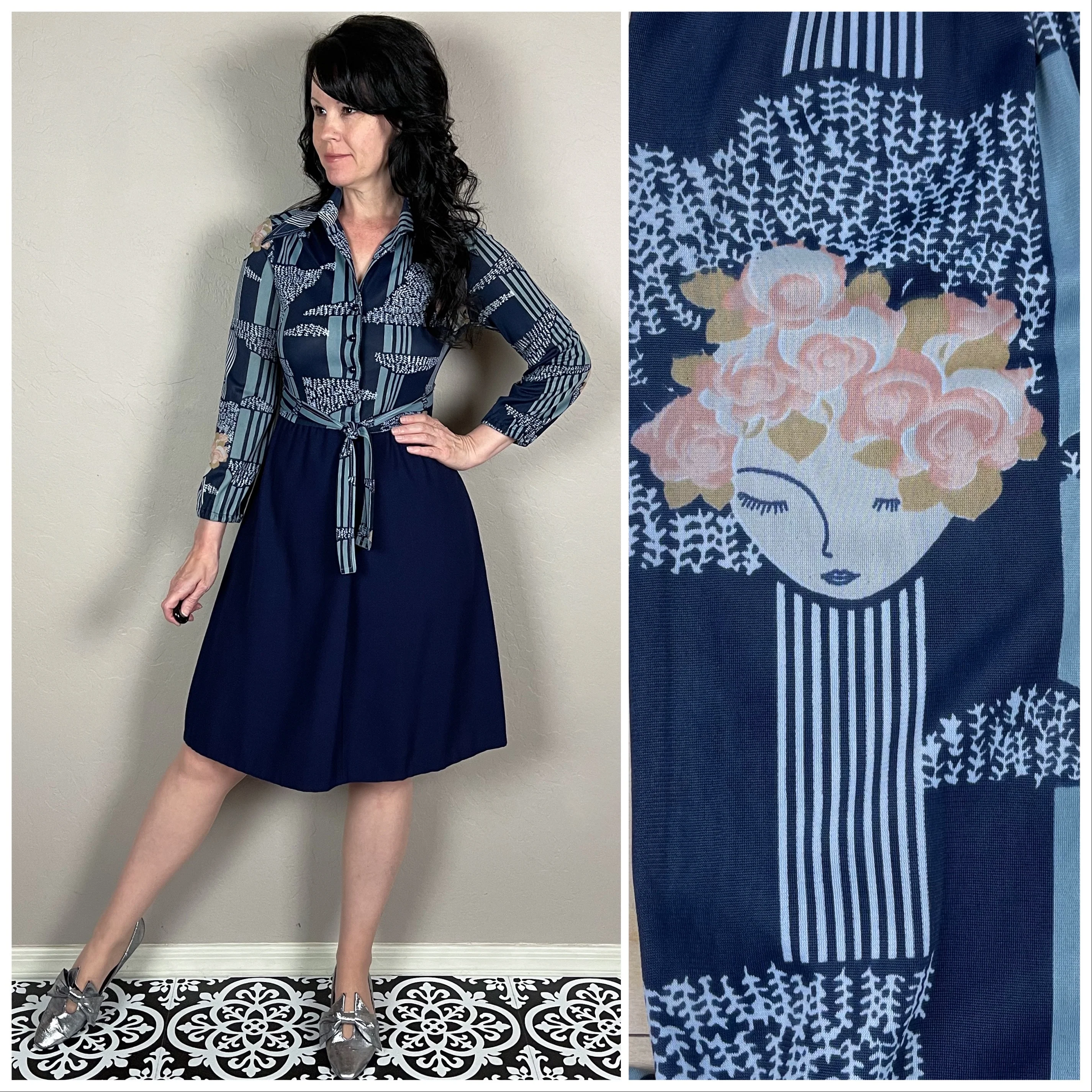 60s Blue Lady Print Shirtwaist Mini Dress By Jerell of Texas - Image 2
