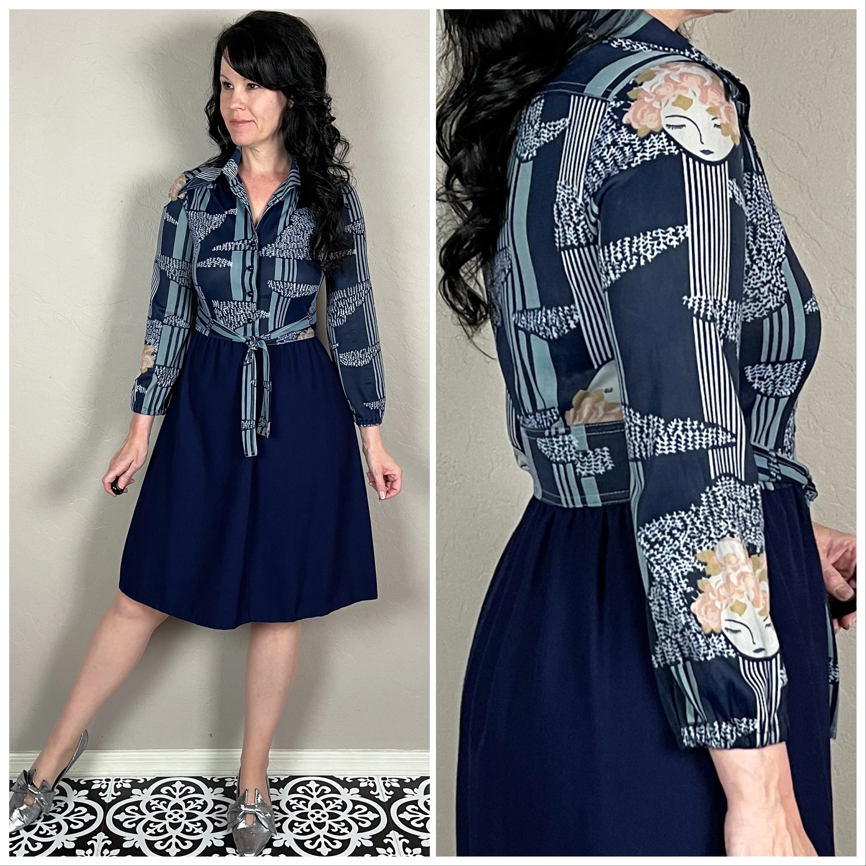 60s Blue Lady Print Shirtwaist Mini Dress By Jerell of Texas - Image 4