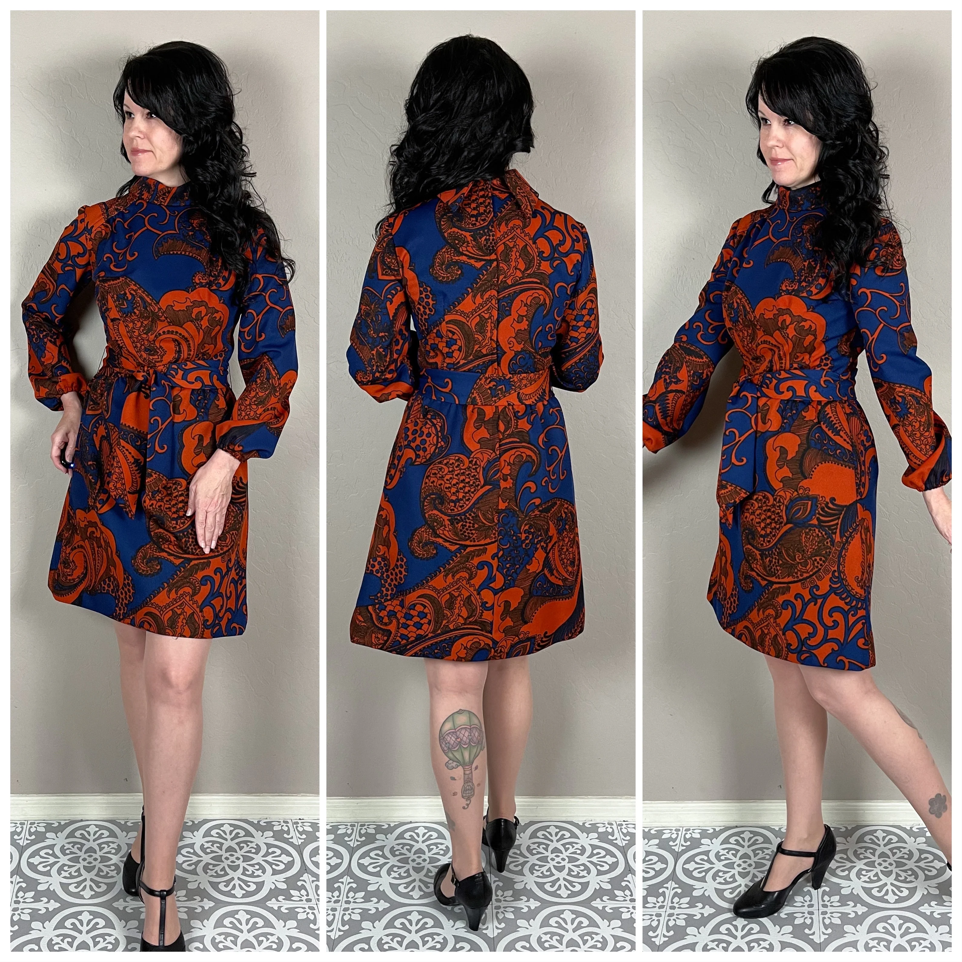 60s Blue Paisley Print Puffy Sleeve Mini Dress By Sherbet Originals - Image 3