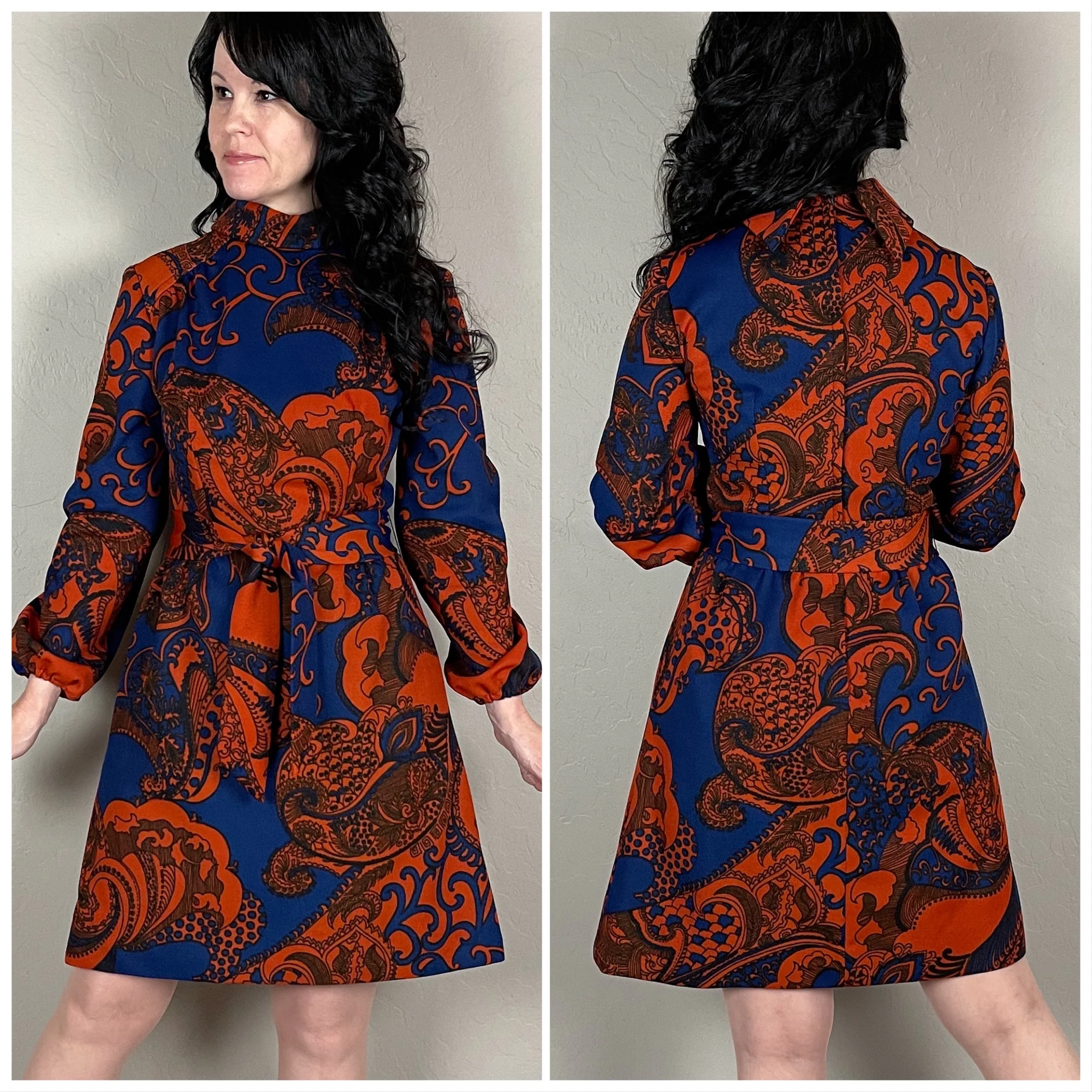 60s Blue Paisley Print Puffy Sleeve Mini Dress By Sherbet Originals - Image 4