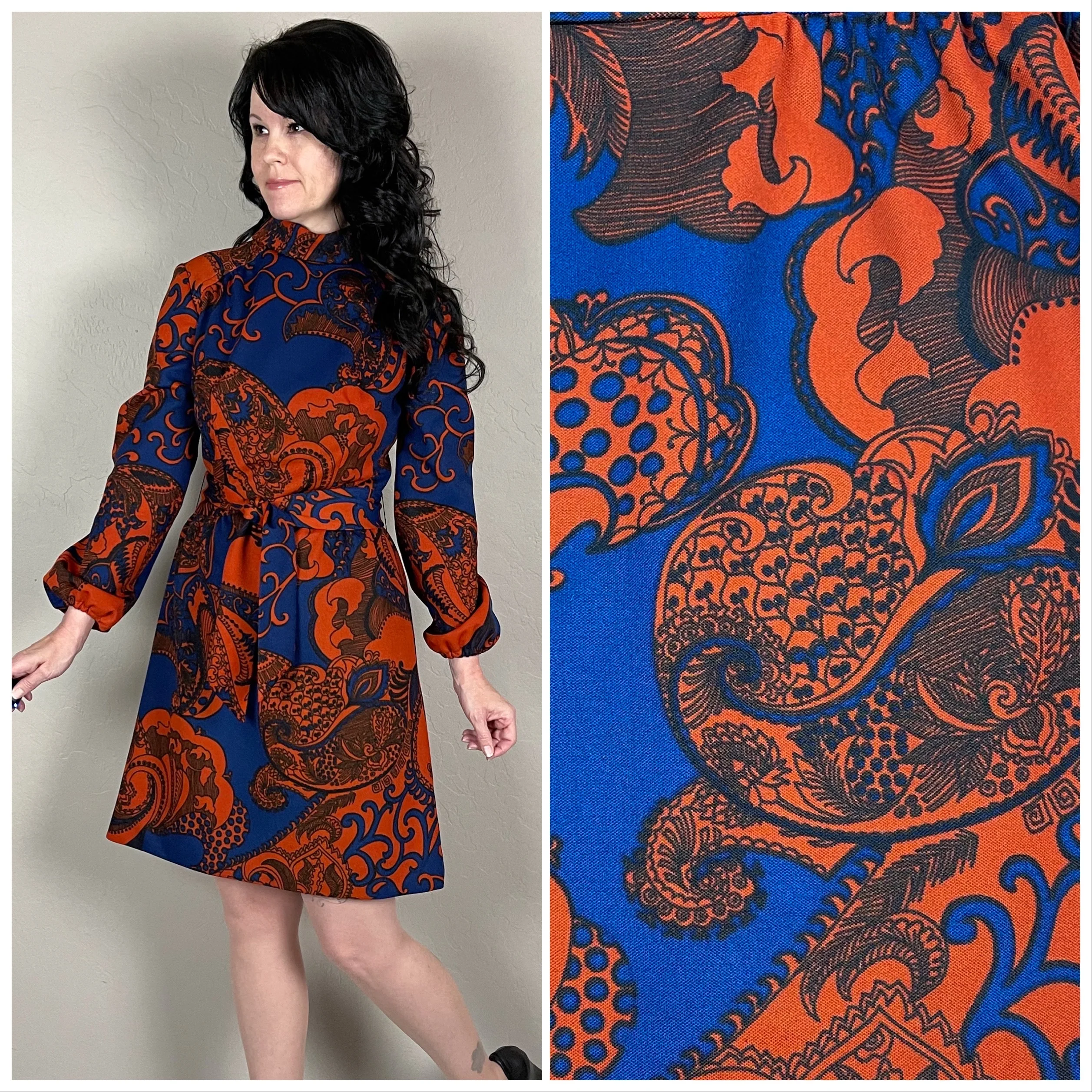 60s Blue Paisley Print Puffy Sleeve Mini Dress By Sherbet Originals - Image 5