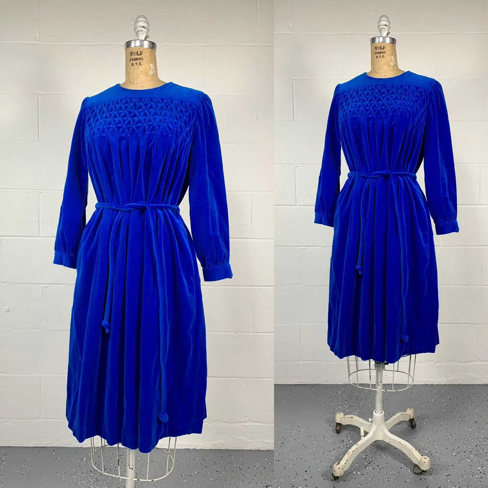 60s Blue Velveteen Smocked Renaissance Revival Dress By Renaissance - Image 4