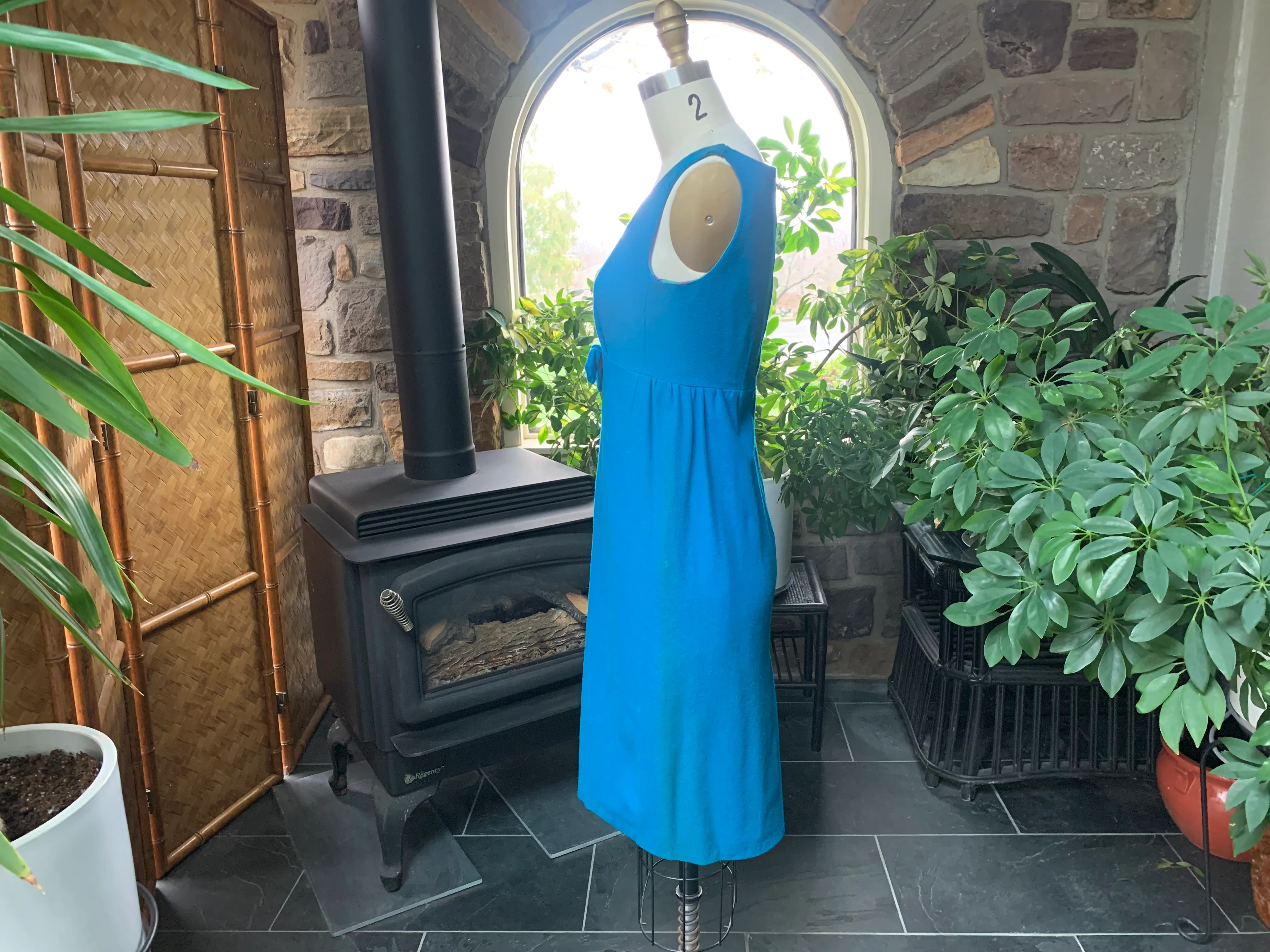 60s Blue Wool Sleeveless Empire Waist Dress - Image 5