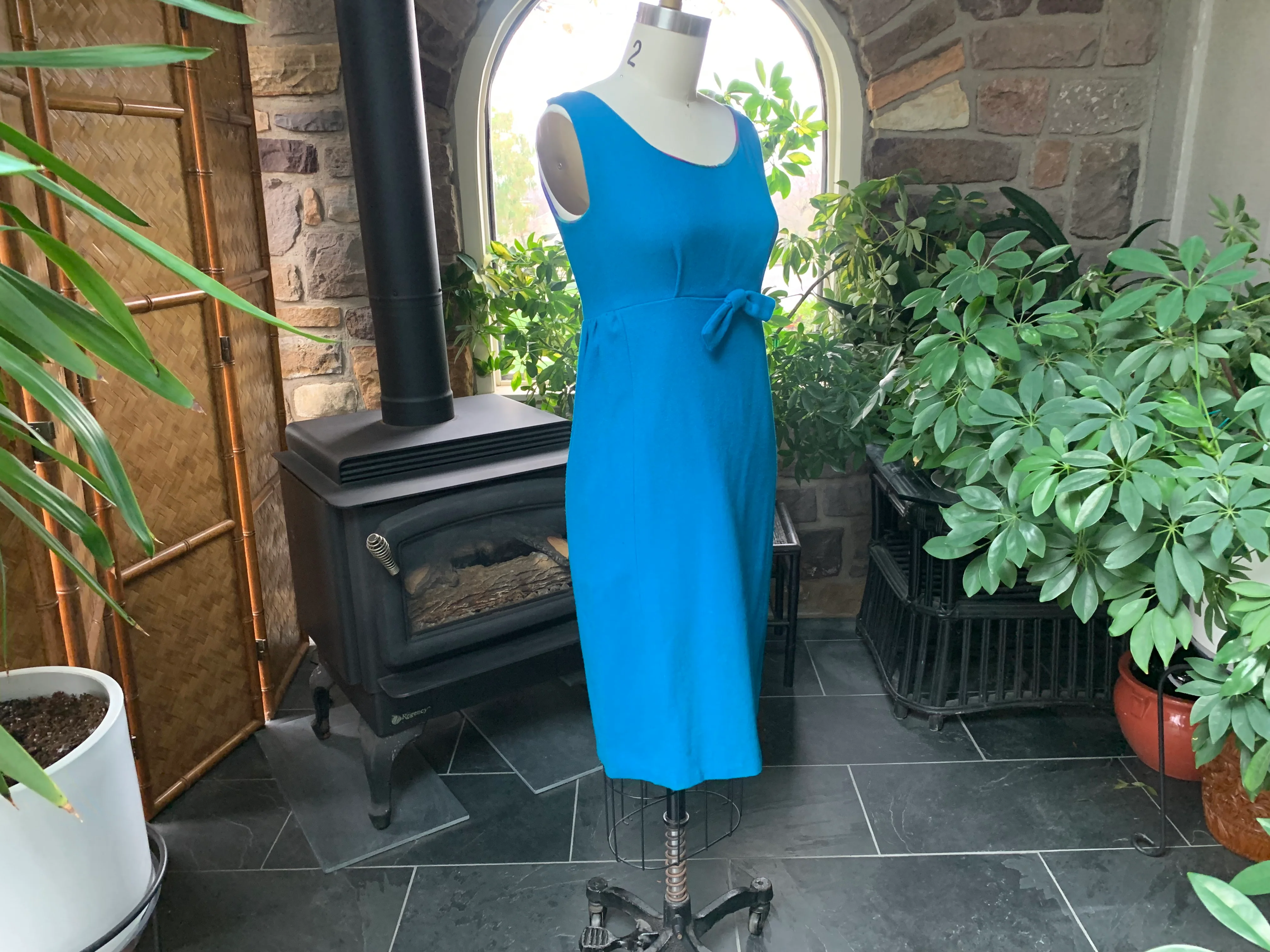 60s Blue Wool Sleeveless Empire Waist Dress - Image 8