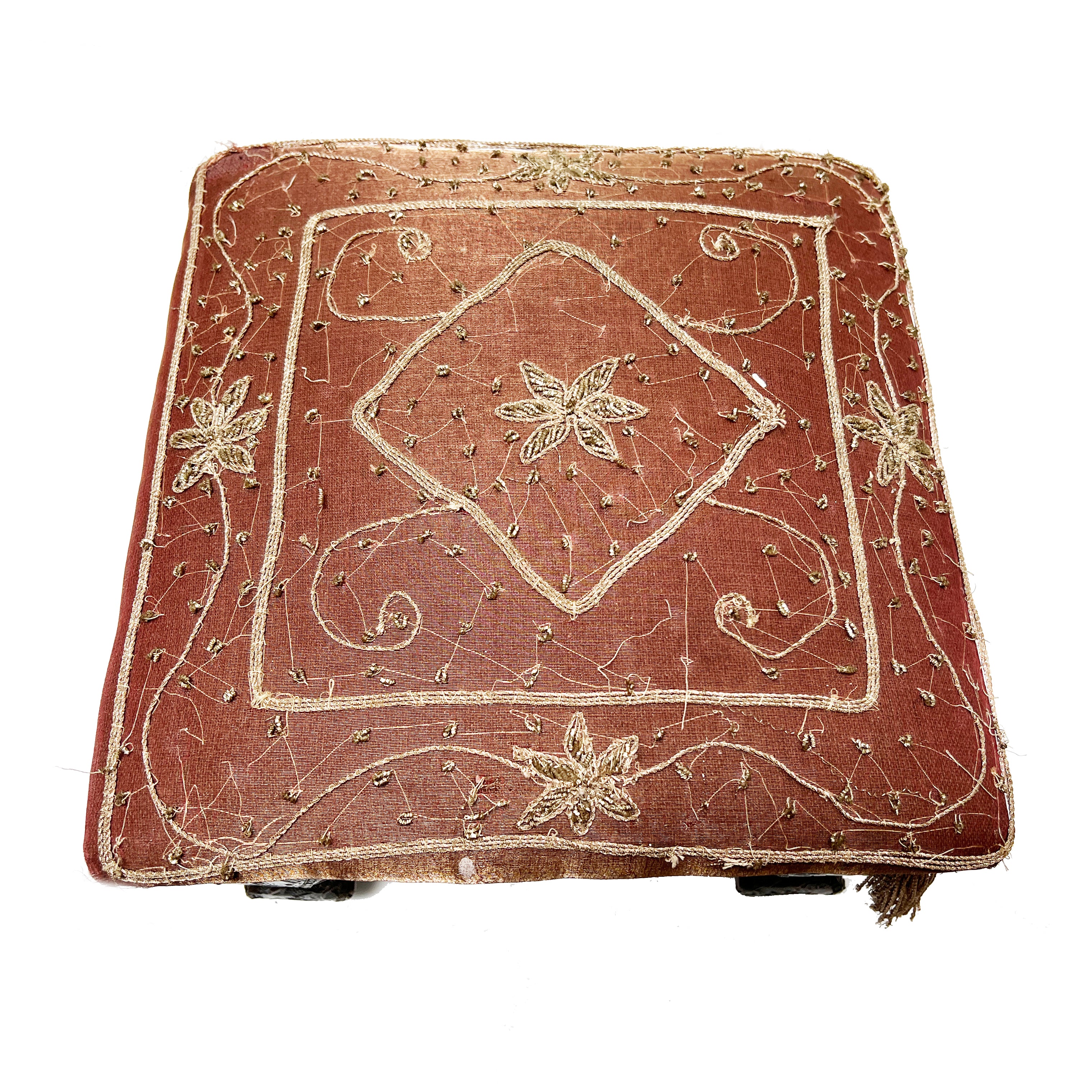 60s Boho Silk Hammered Metal Covered Wood Footstool - Image 3