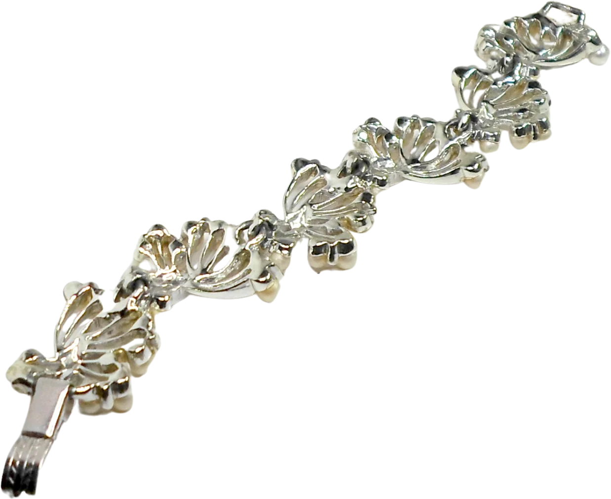 60s Bracelet Silvertone Fan Links Faux Pearls By Tara - Image 2
