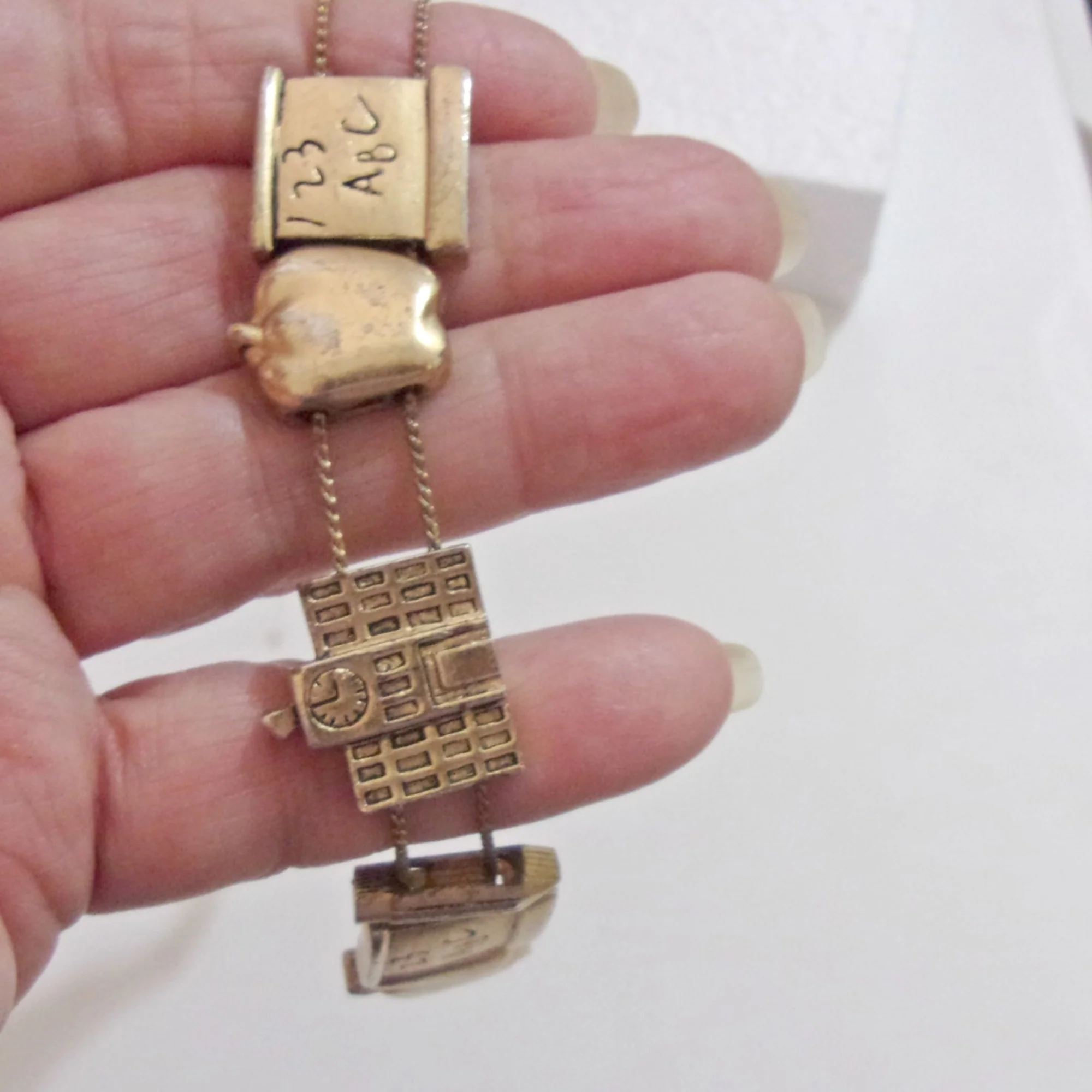 60s Bracelet Slide Teacher Charms 2 Chain By Goldette - Image 4