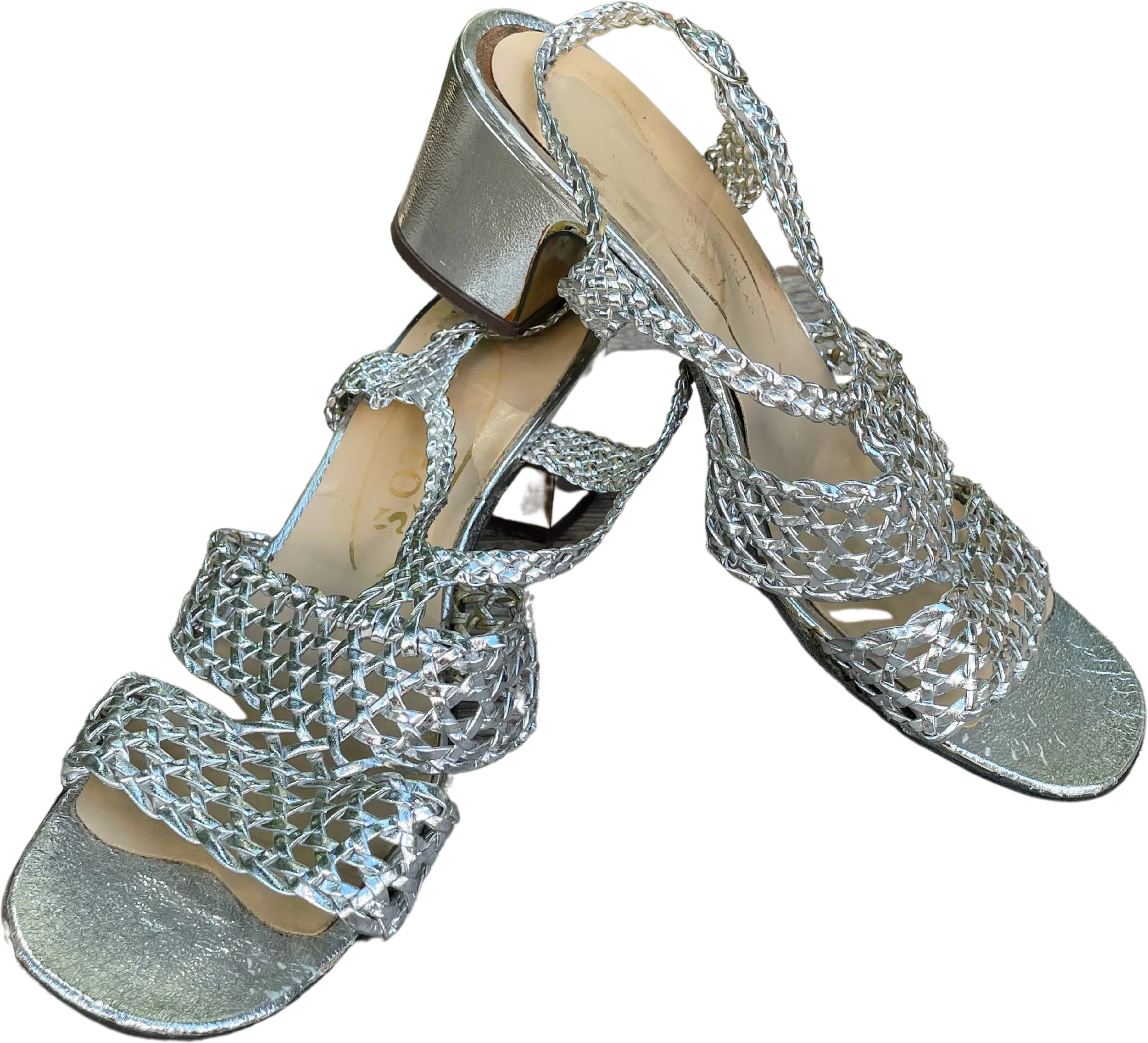 60s Braided Metallic Silver Sling Back Heeled Sandals