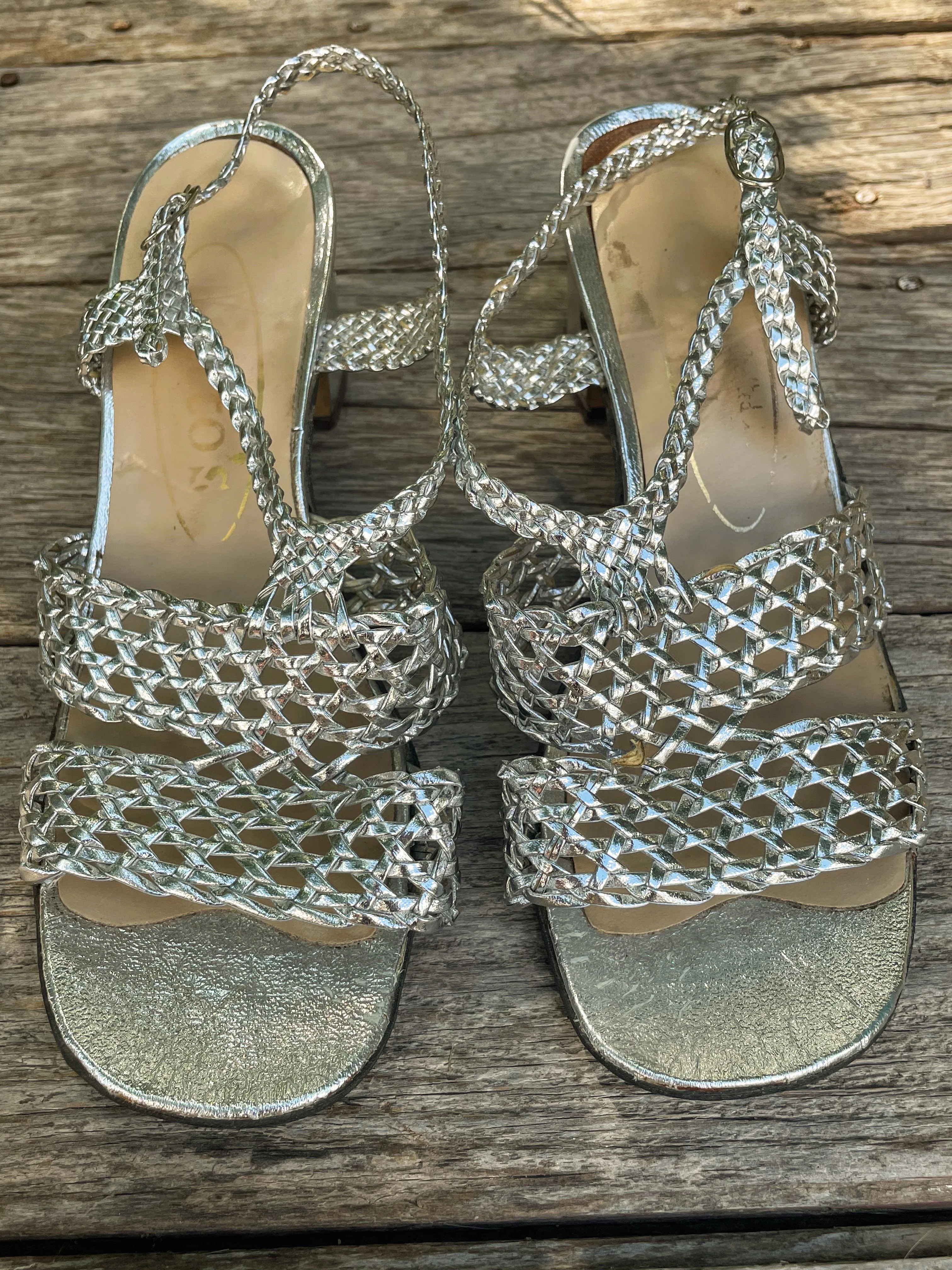 60s Braided Metallic Silver Sling Back Heeled Sandals - Image 2