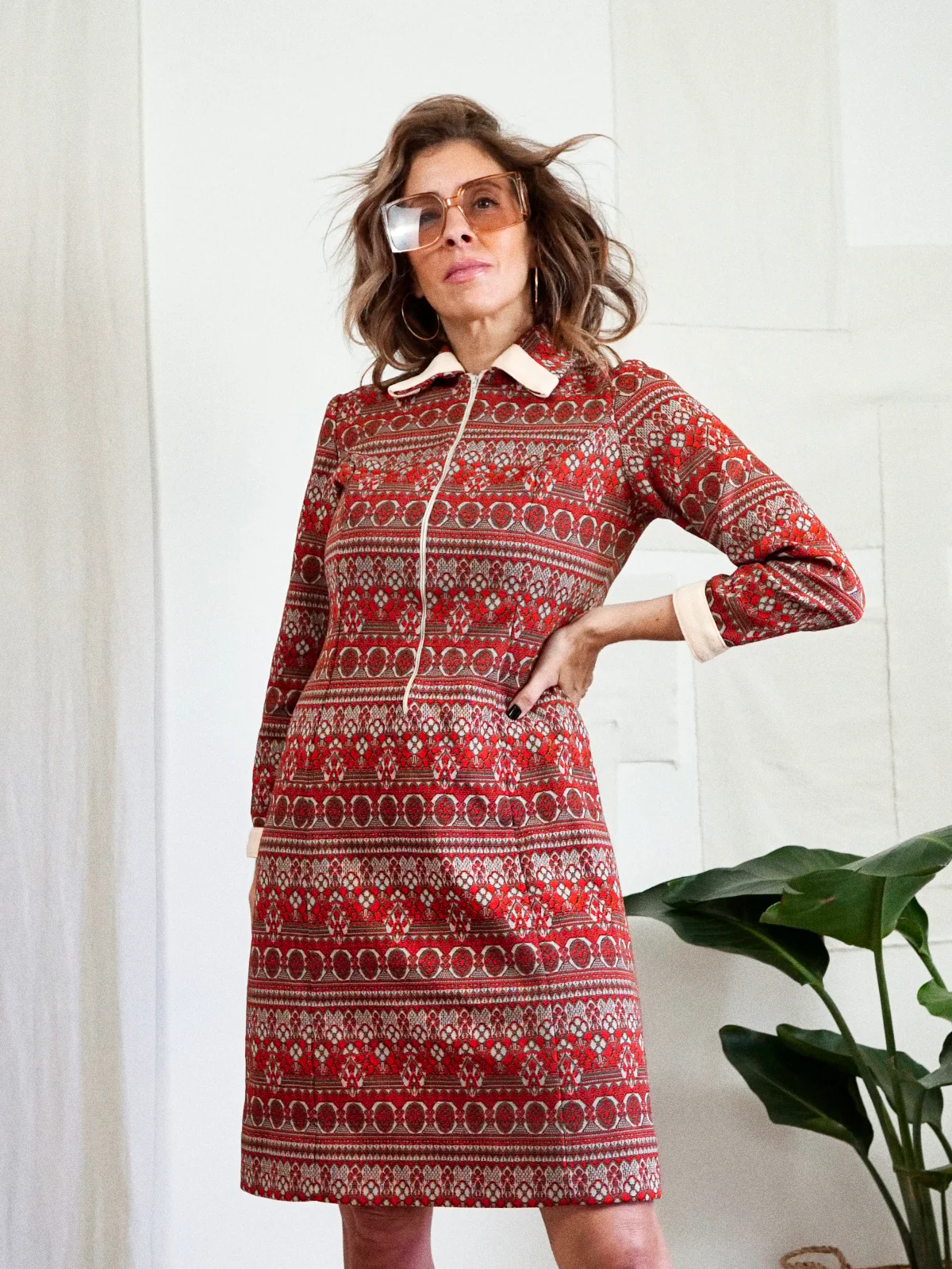 60s Brick Red Ikat Stripe Zip Front Sheath Dress - Image 3
