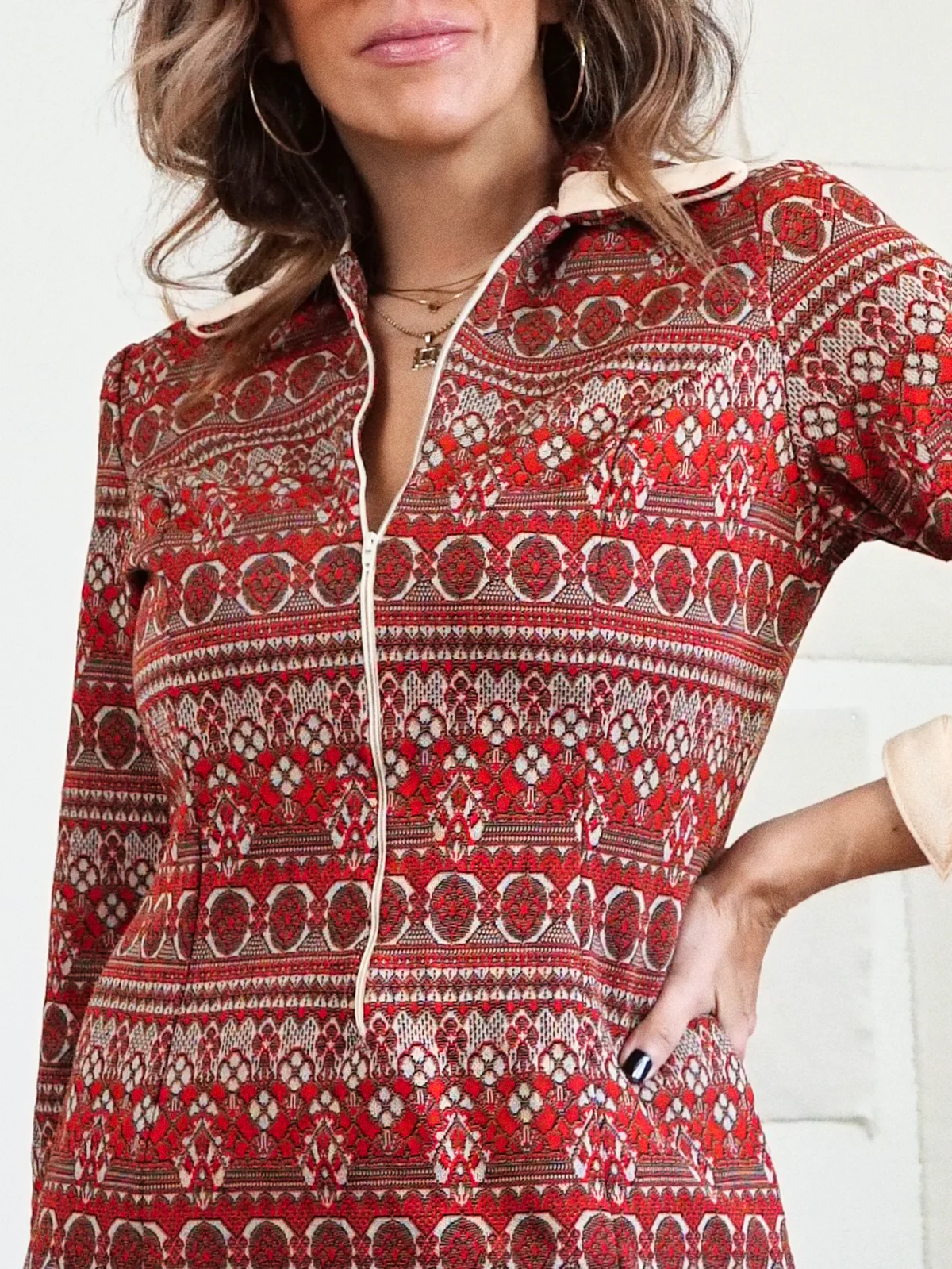 60s Brick Red Ikat Stripe Zip Front Sheath Dress - Image 4