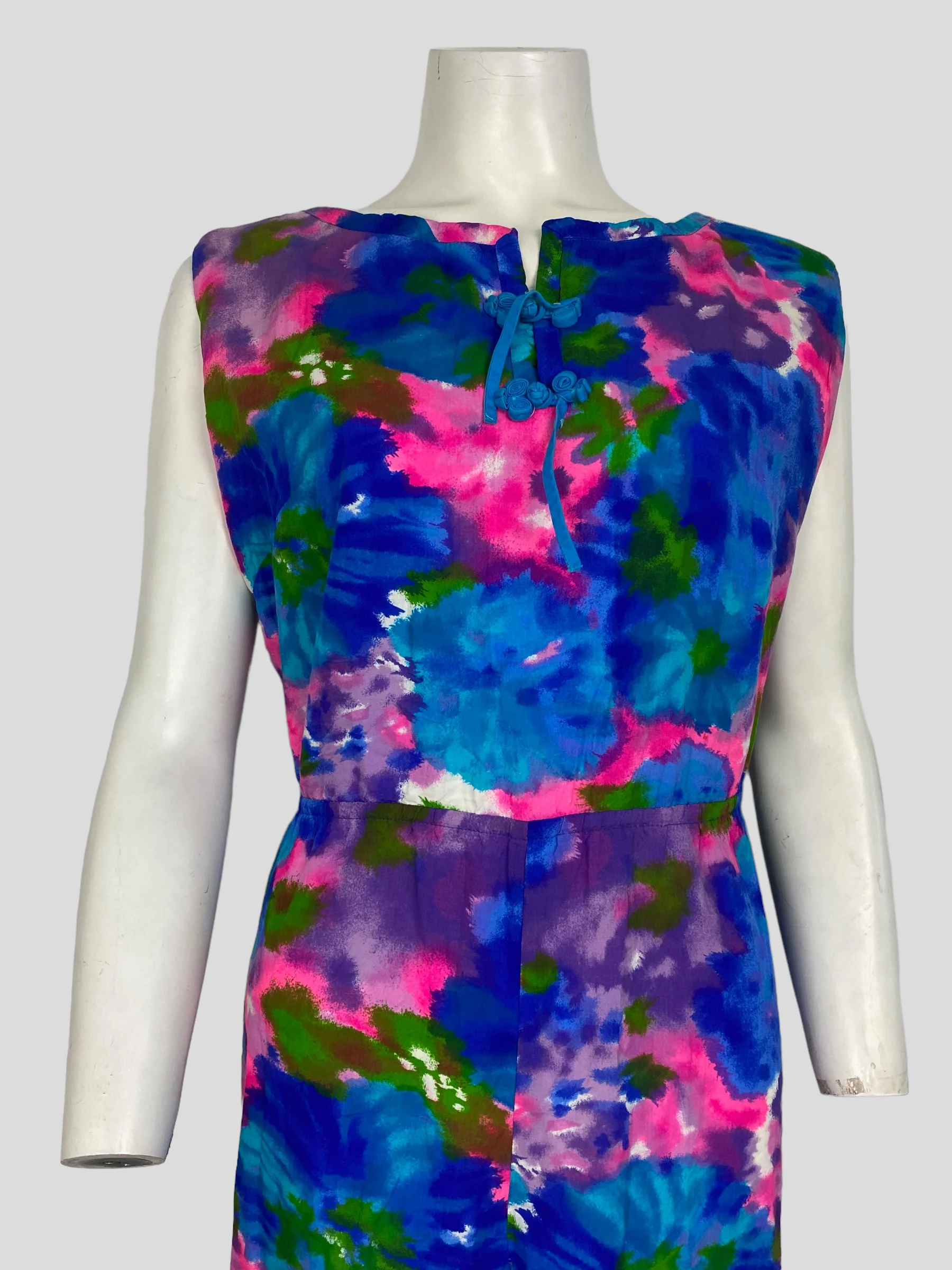 60s Bright Blue And Pink Floral Homemade Jumpsuit - Image 4