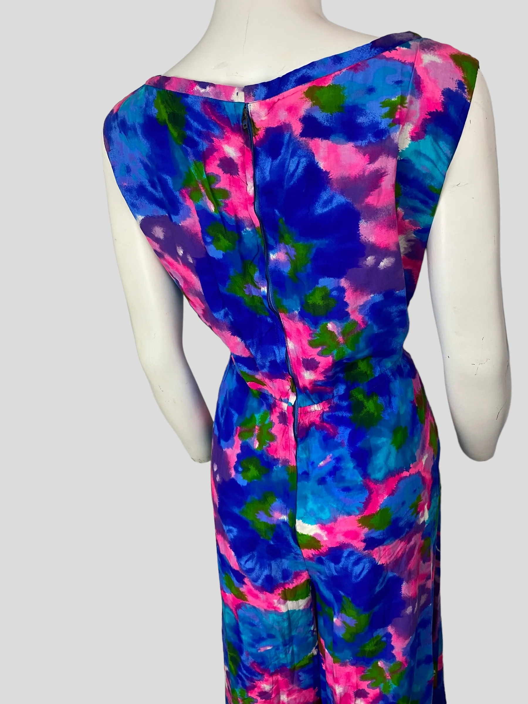 60s Bright Blue And Pink Floral Homemade Jumpsuit - Image 5