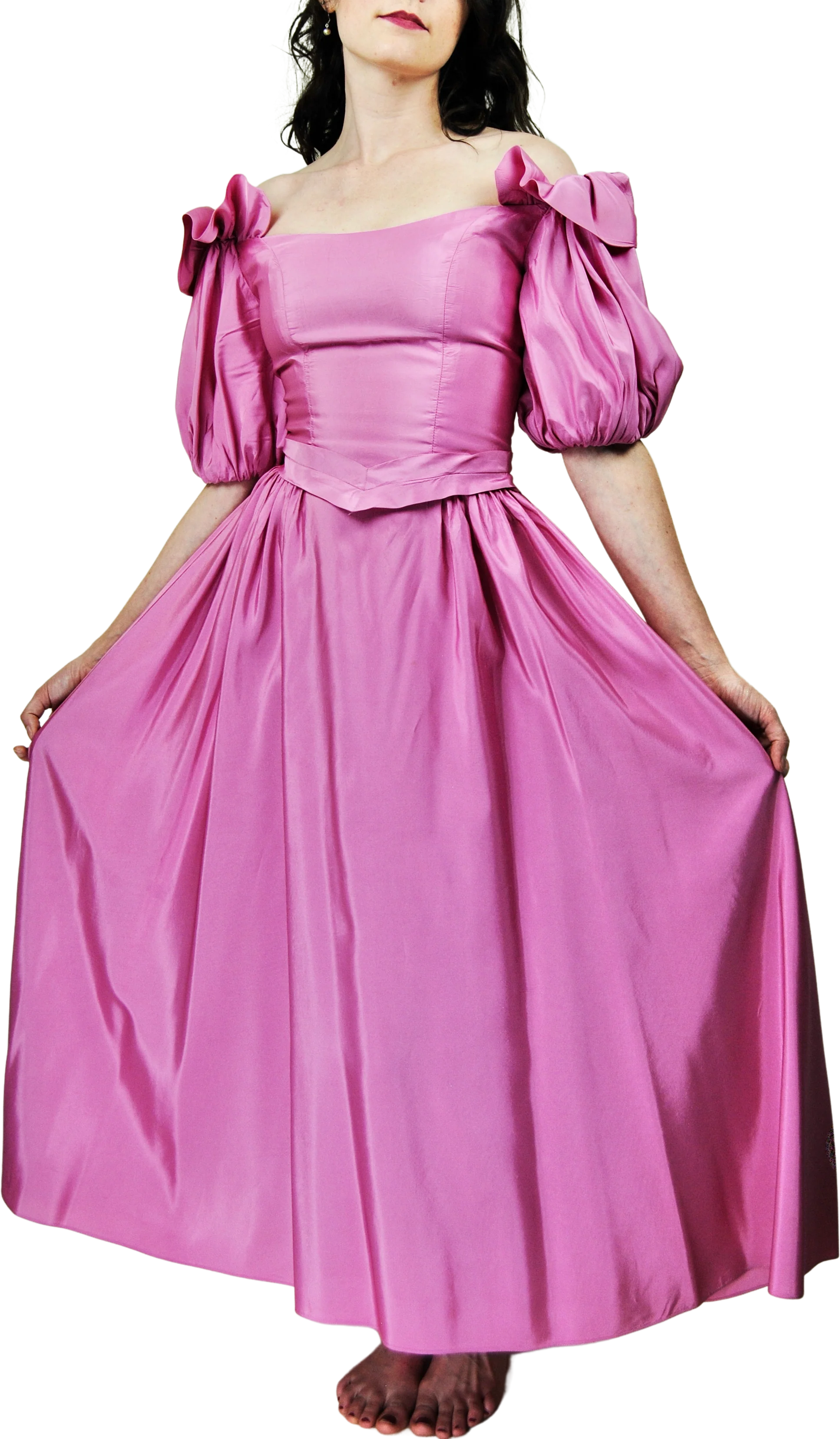 60s Bright Pink Puffed Sleeve Off The Shoulder Gown By Priscilla of Boston