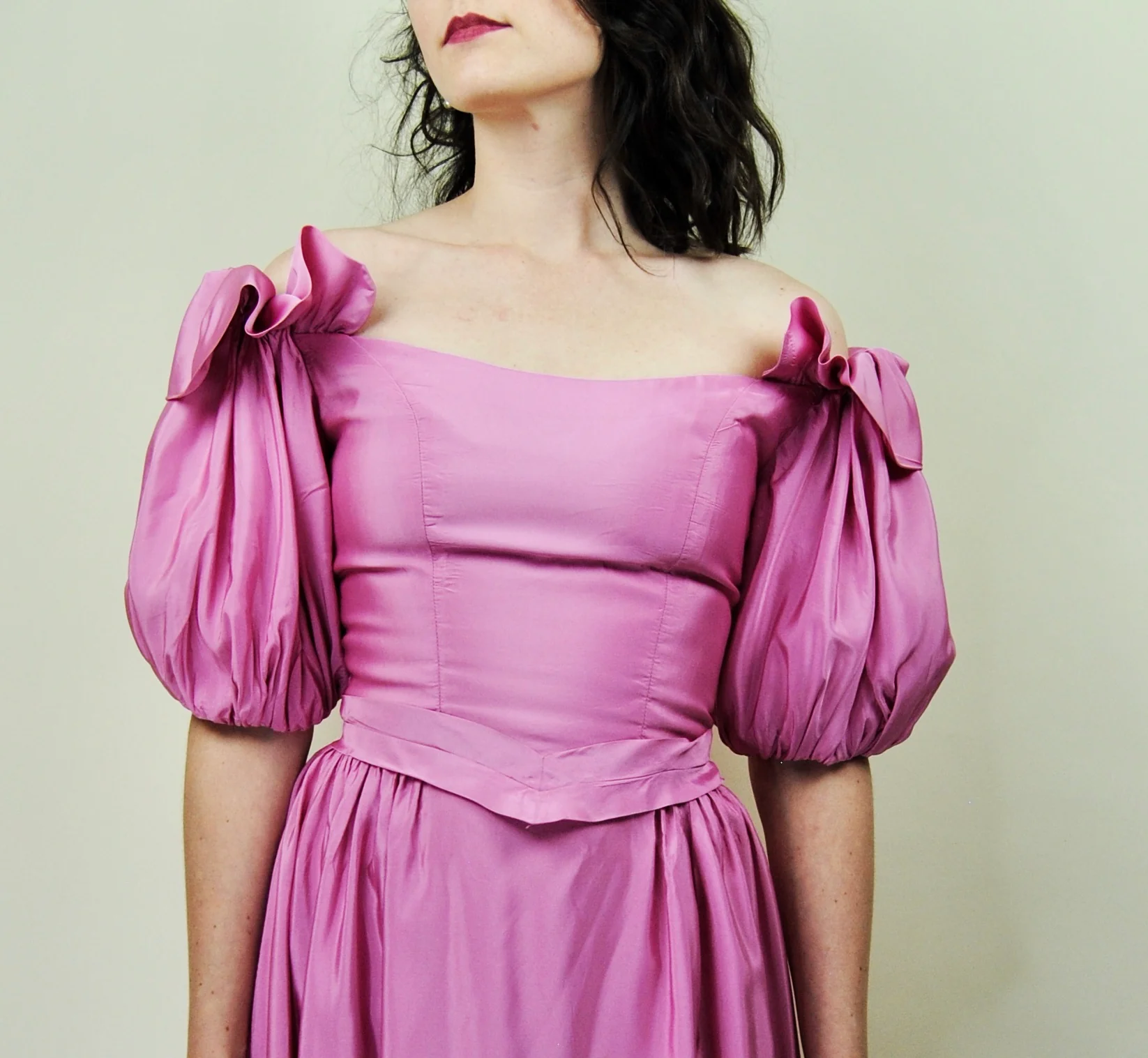60s Bright Pink Puffed Sleeve Off The Shoulder Gown By Priscilla of Boston - Image 6