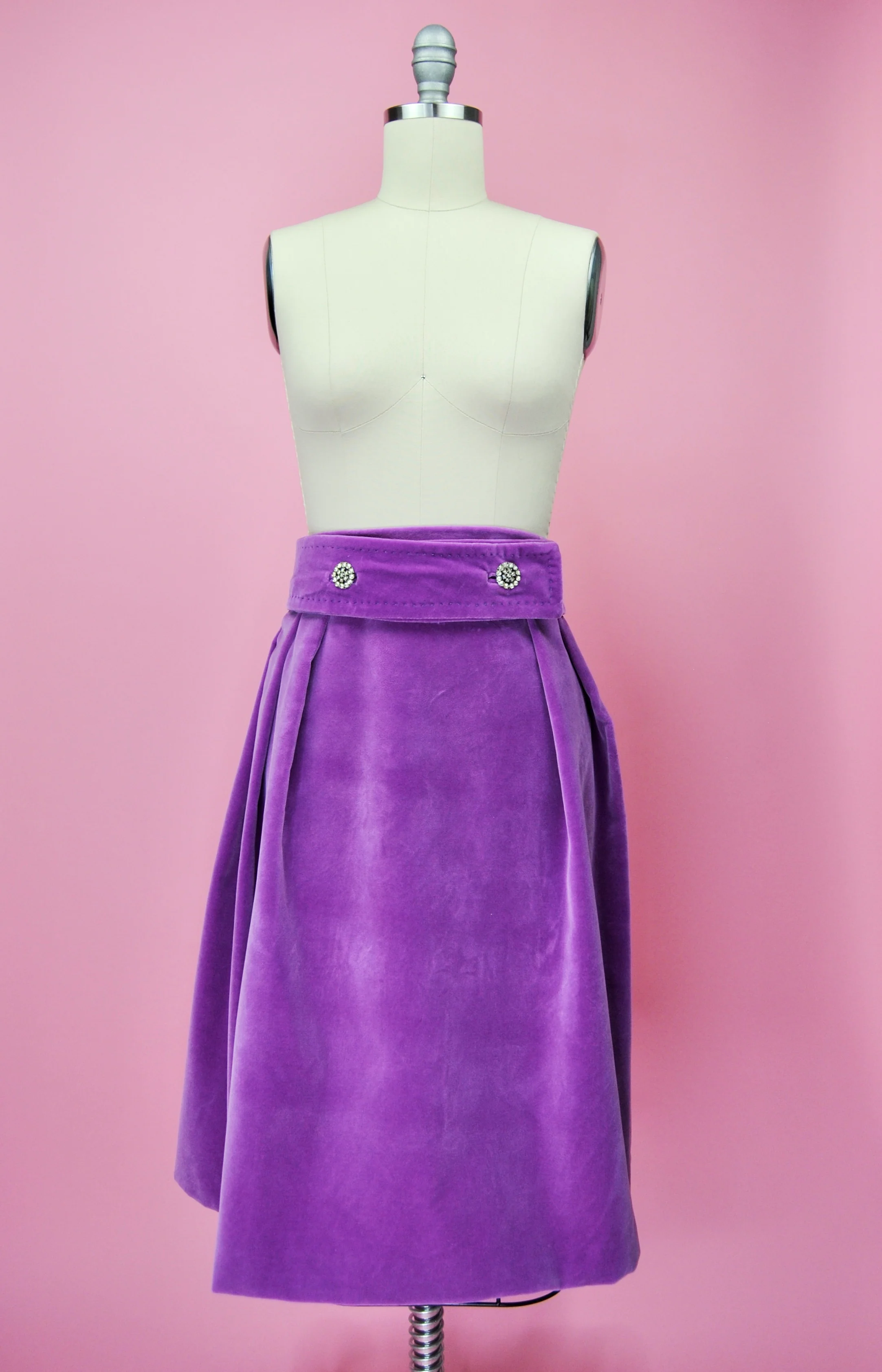 60s Bright Purple Velvet Skirt With Rhinestone Buttons - Image 10