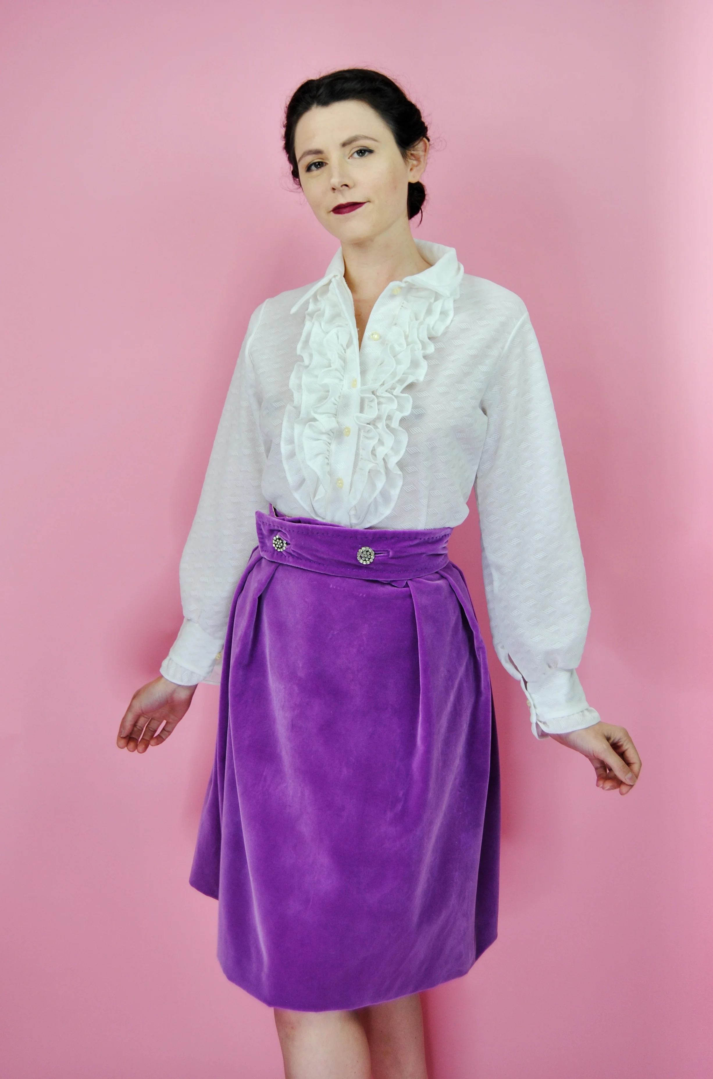 60s Bright Purple Velvet Skirt With Rhinestone Buttons - Image 3