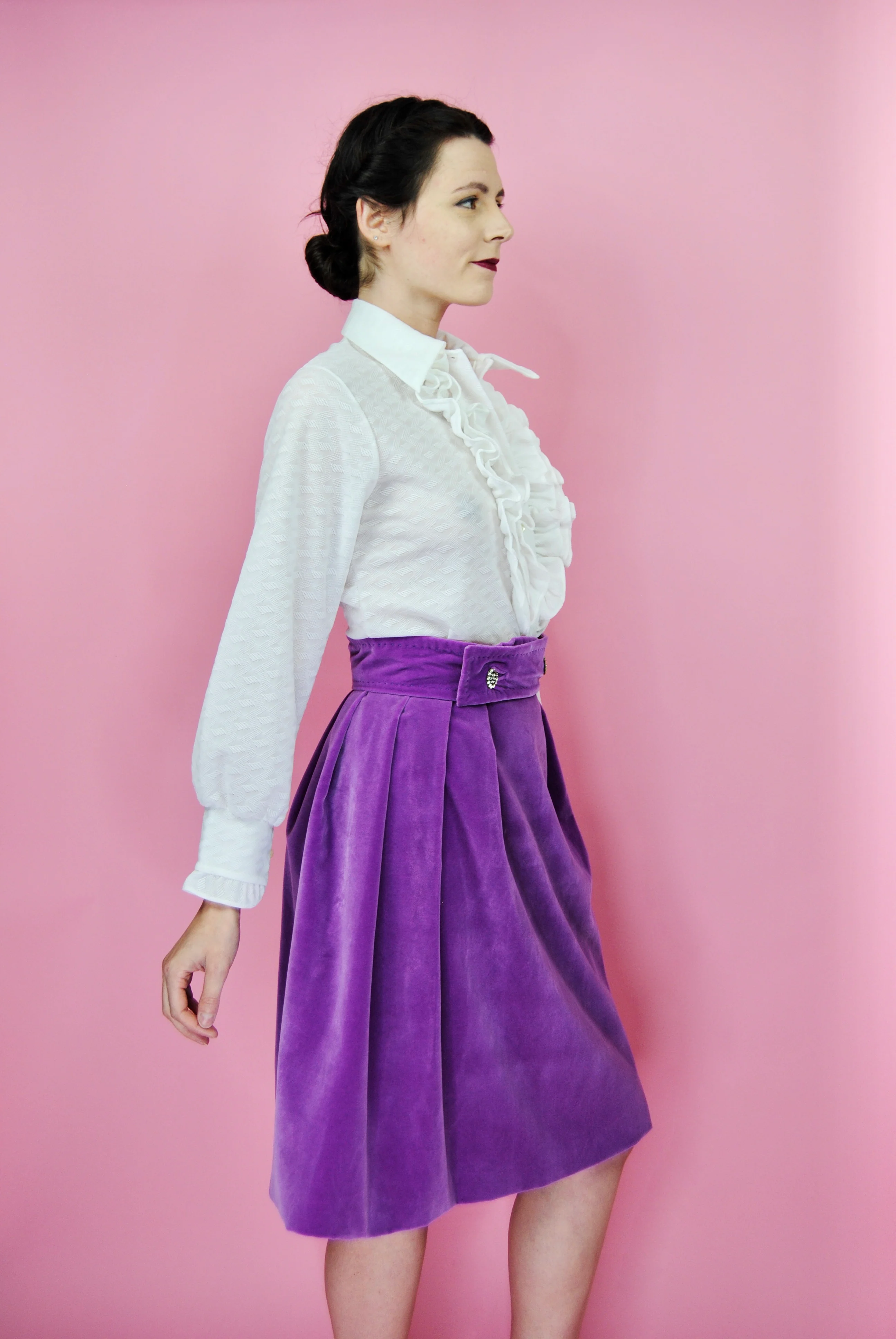 60s Bright Purple Velvet Skirt With Rhinestone Buttons - Image 5