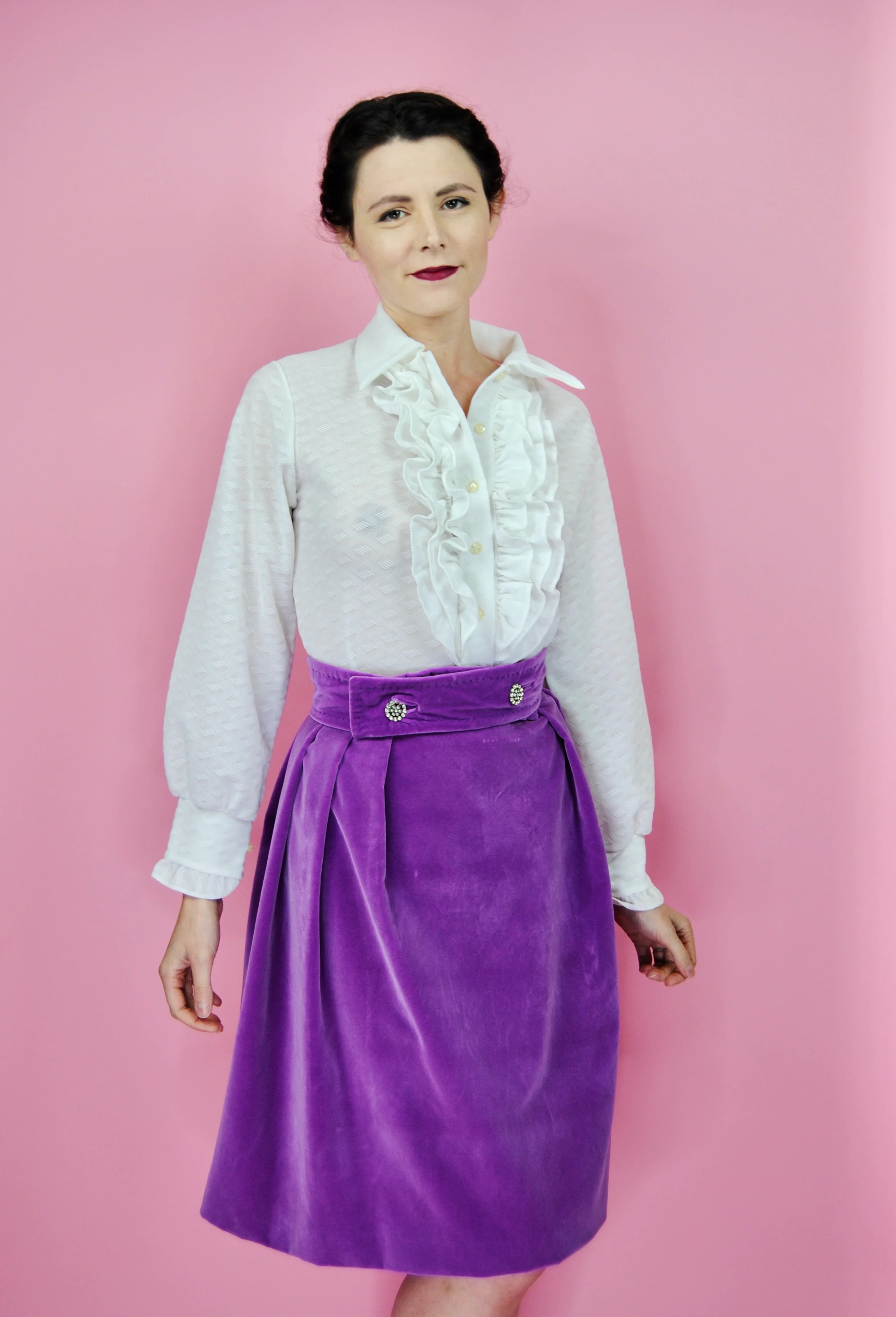 60s Bright Purple Velvet Skirt With Rhinestone Buttons - Image 6