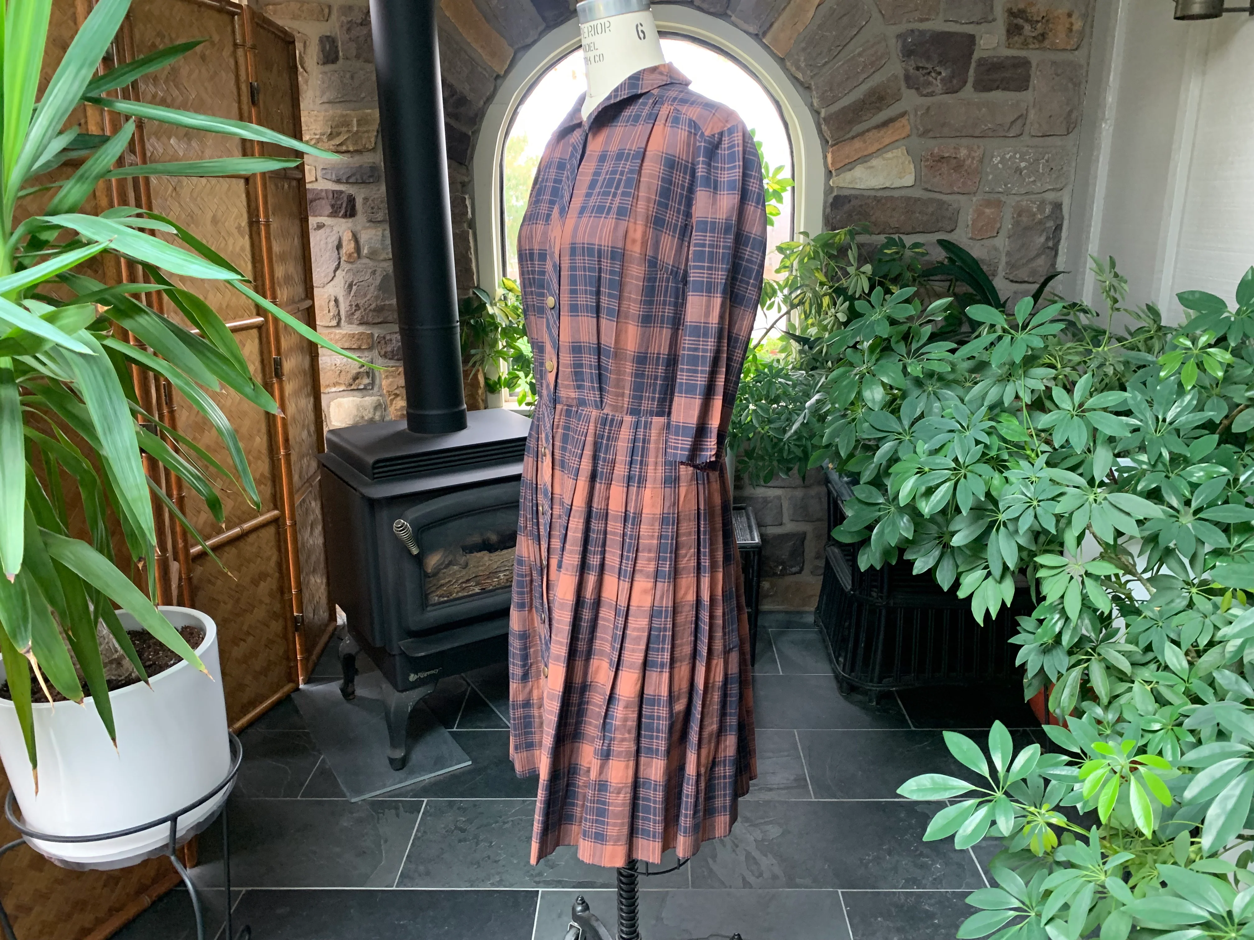 60s Brown Black Plaid Summer Shirt Dress Wounded Bird - Image 4