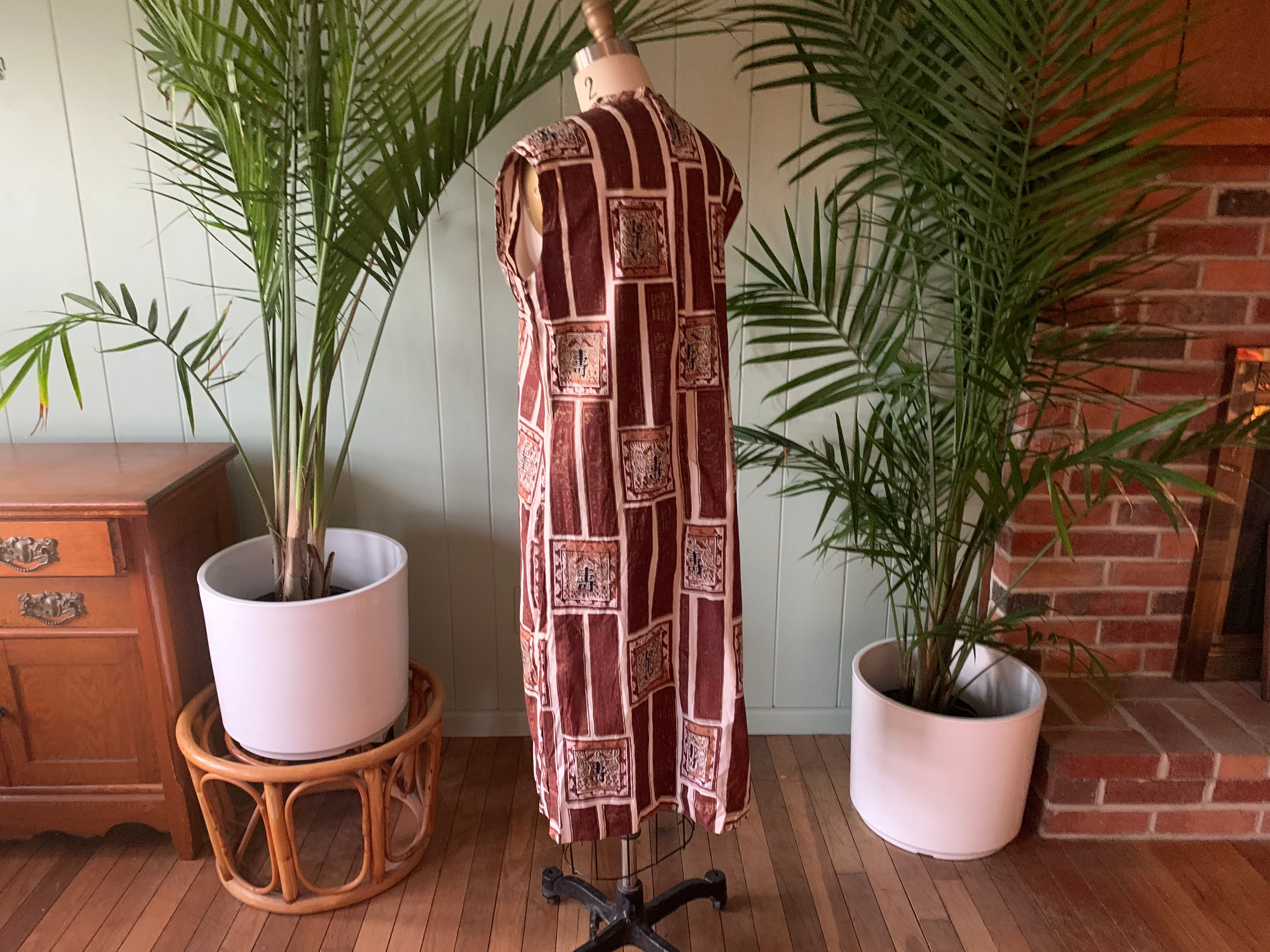 60s Brown Gold White Print Cotton Shift Dress - Image 6