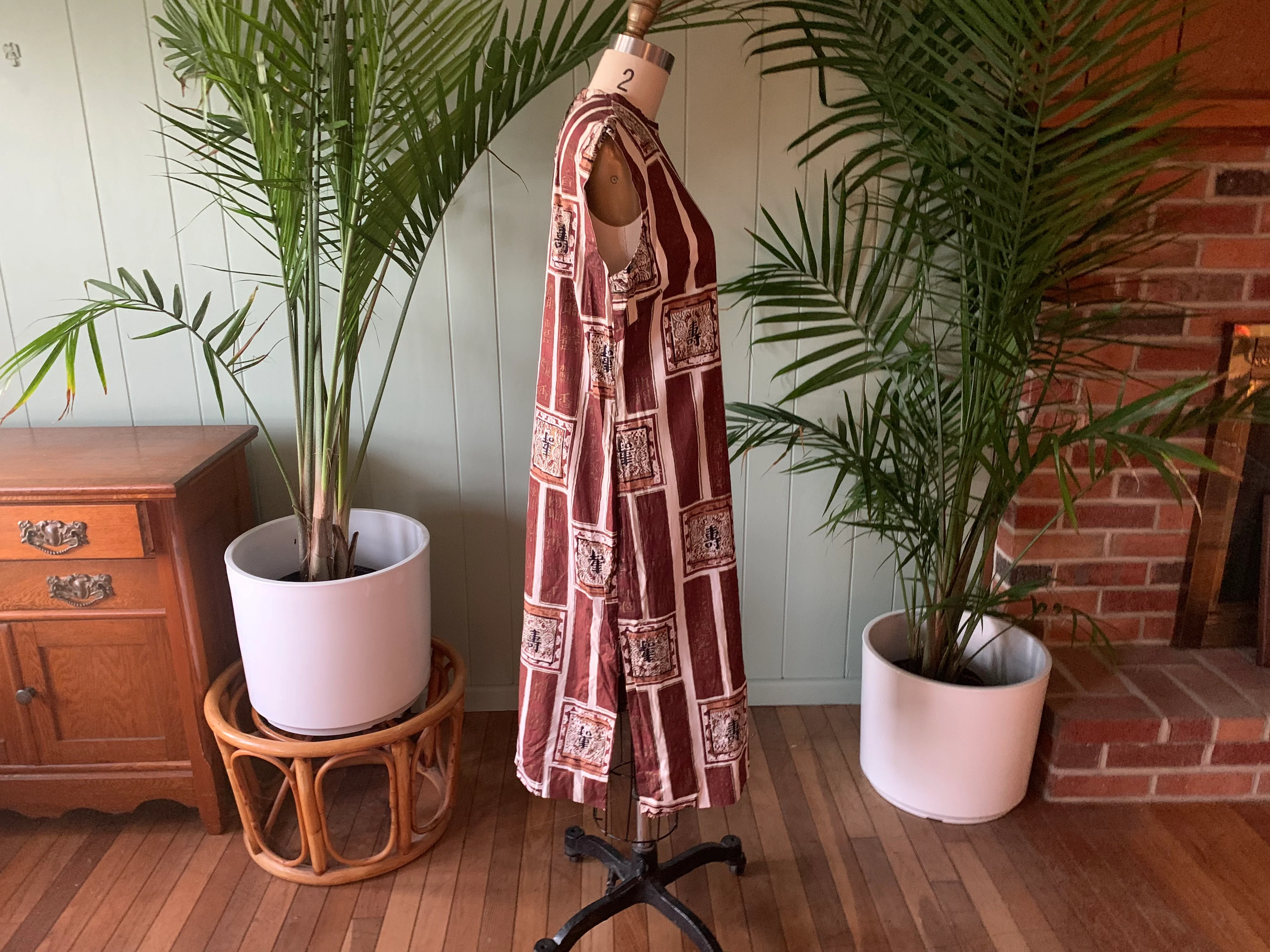 60s Brown Gold White Print Cotton Shift Dress - Image 8